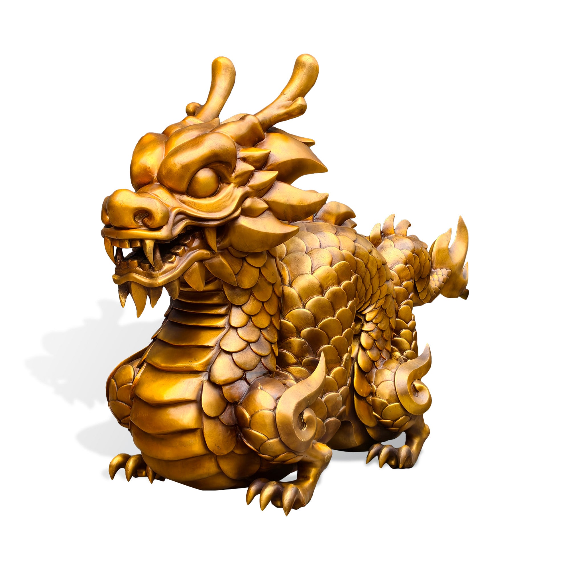Front three-quarter view of a golden bronze zodiac dragon sculpture with open mouth, curved horns, layered scales, sharp claws, and powerful mythical form on a white background.