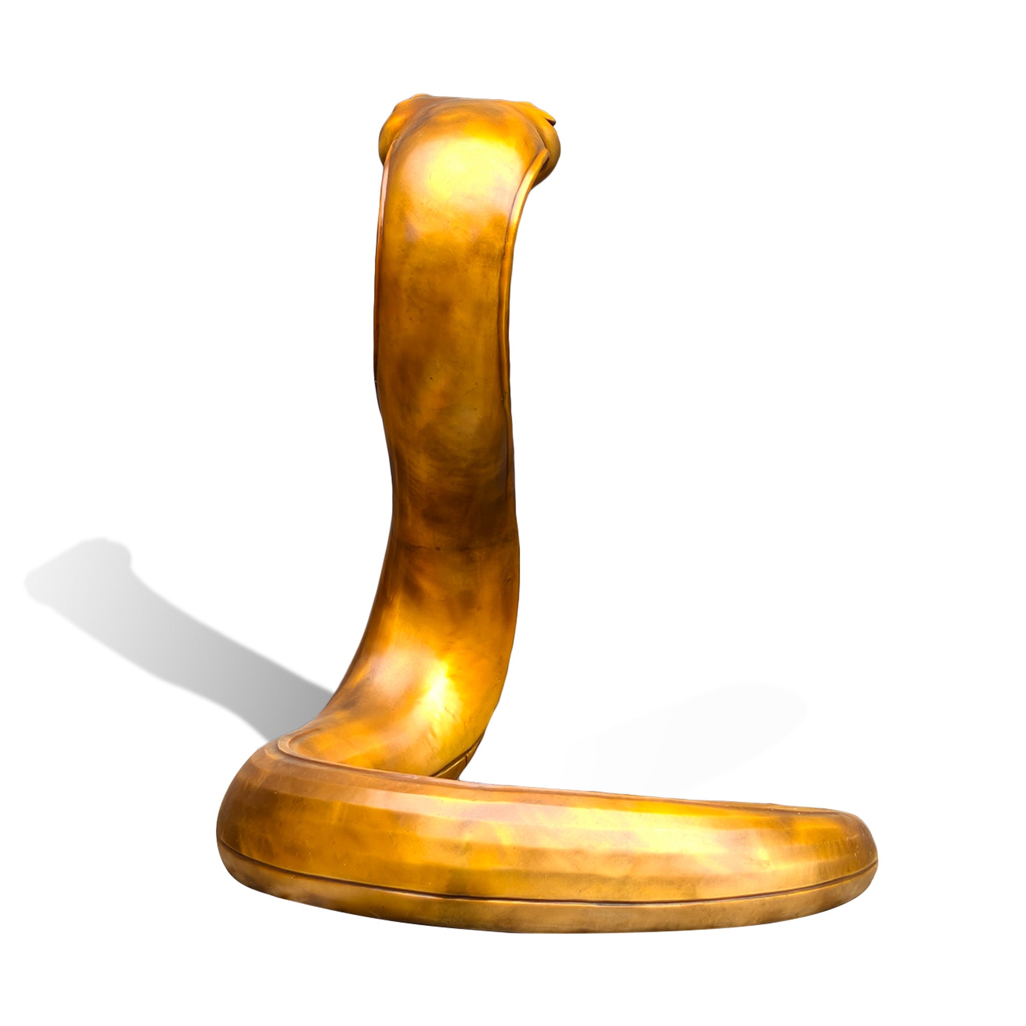 Rear view of a golden bronze zodiac snake sculpture with an upright cobra-like body, smooth curved form, coiled base, and stylized head details on a white background.
