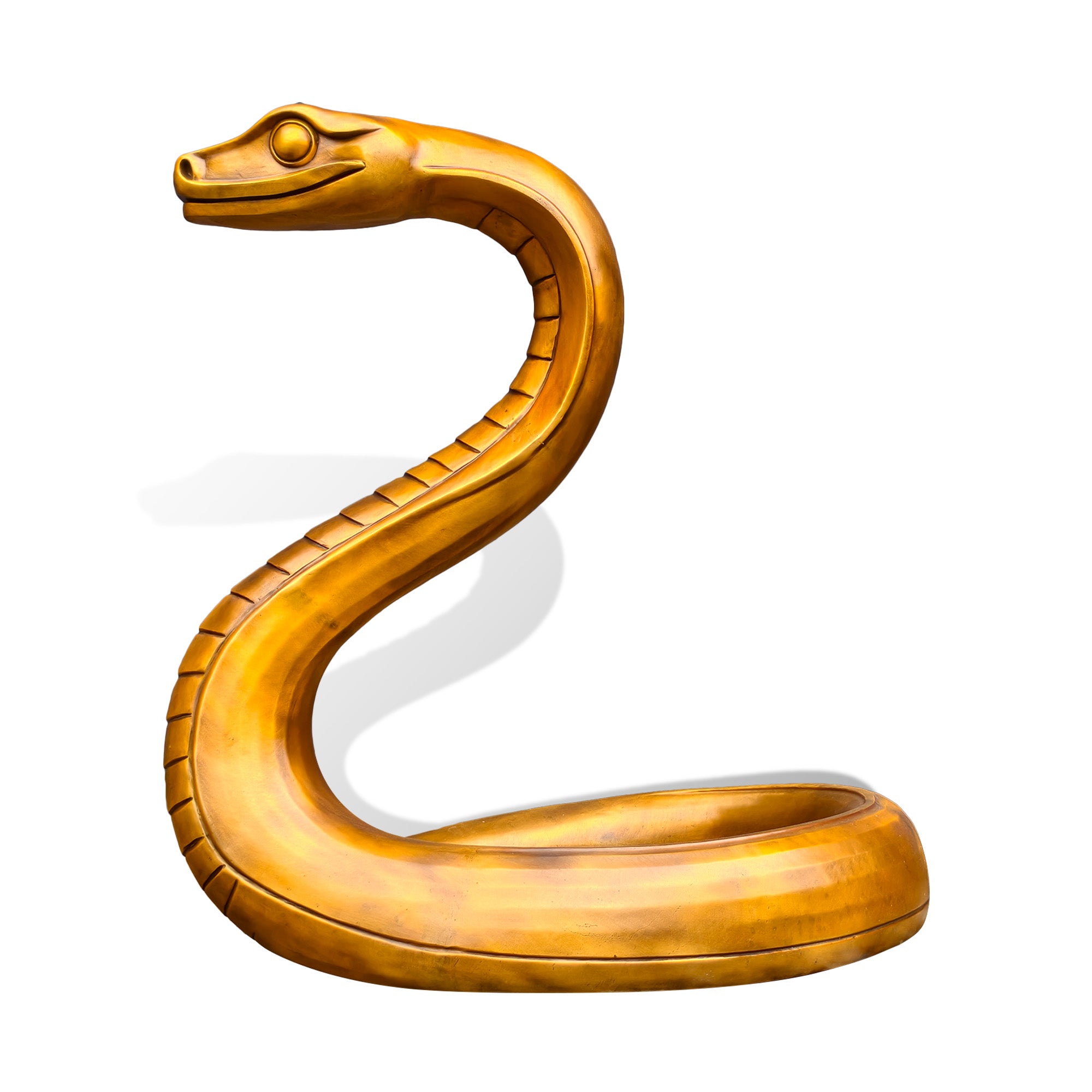 Side profile view of a golden bronze zodiac snake statue with raised head, S-shaped neck, rounded coiled body, segmented underside, and Chinese zodiac symbolism on a white background.