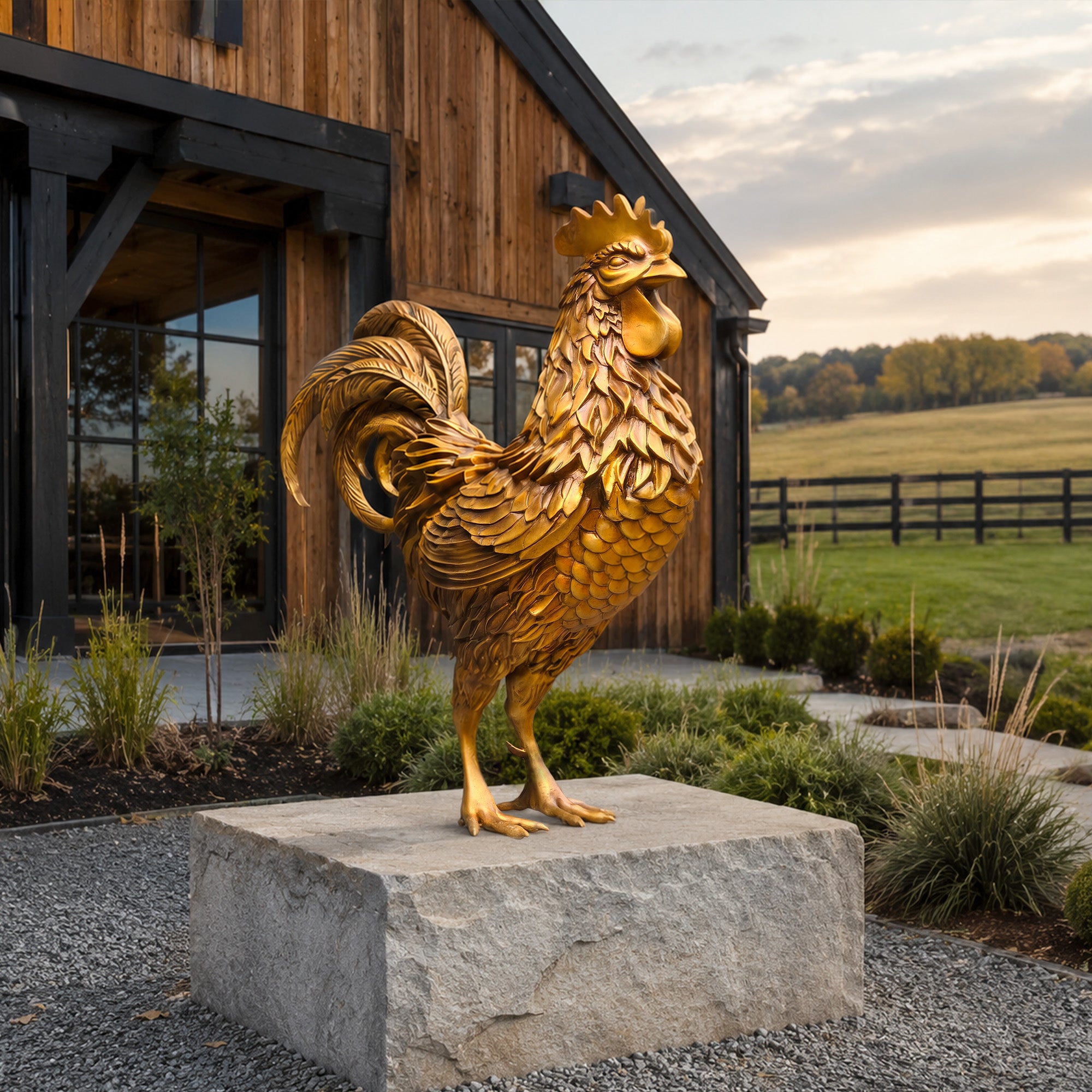 Golden bronze zodiac rooster sculpture displayed on a stone pedestal near a white fence, landscaped flowers, estate driveway, and farm-style buildings.