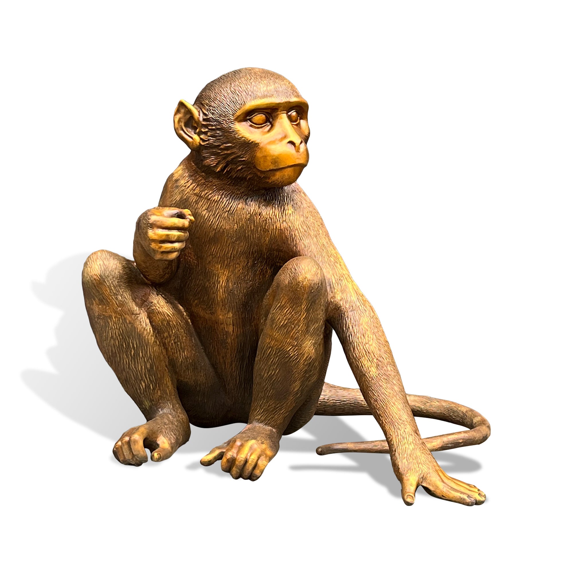 Front view of a golden bronze zodiac monkey statue with seated posture, thoughtful expression, extended arm, bent legs, curled tail, and finely textured fur on a white background.