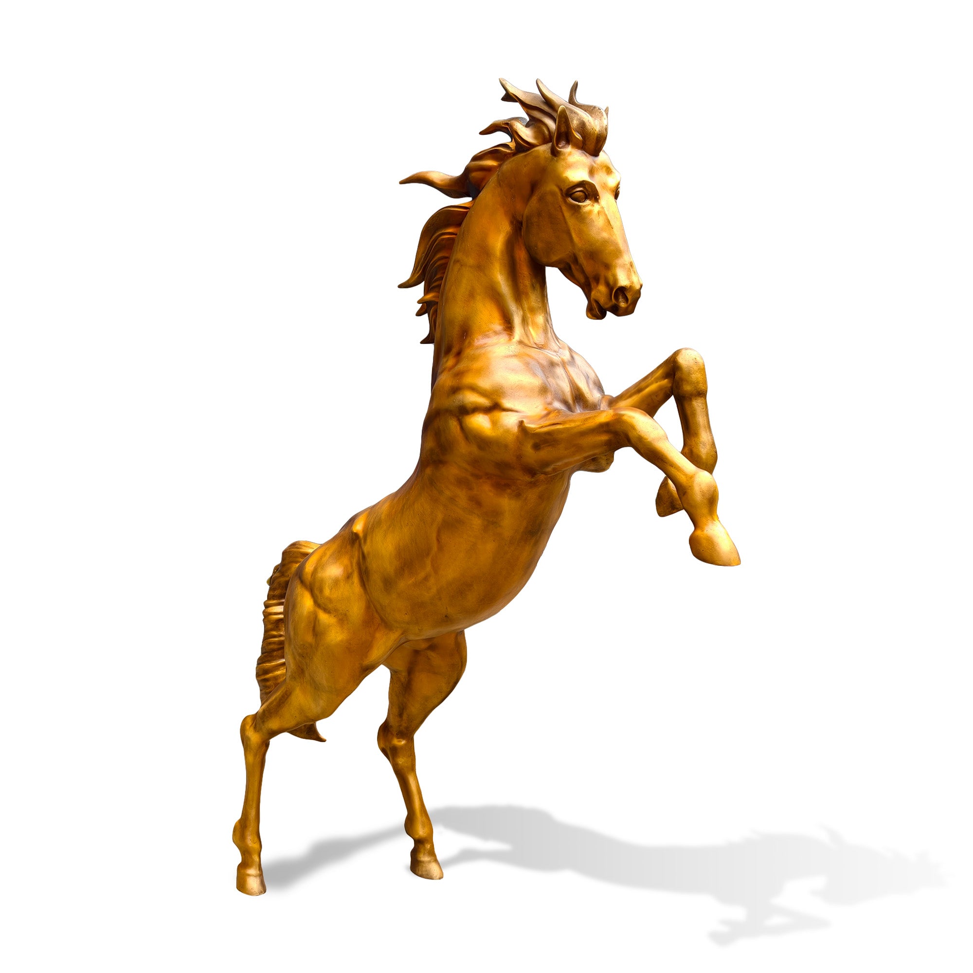 Side profile view of a golden bronze rearing horse sculpture standing on its hind legs with raised front hooves, flowing mane, defined muscles, and elegant equestrian form on a white background.