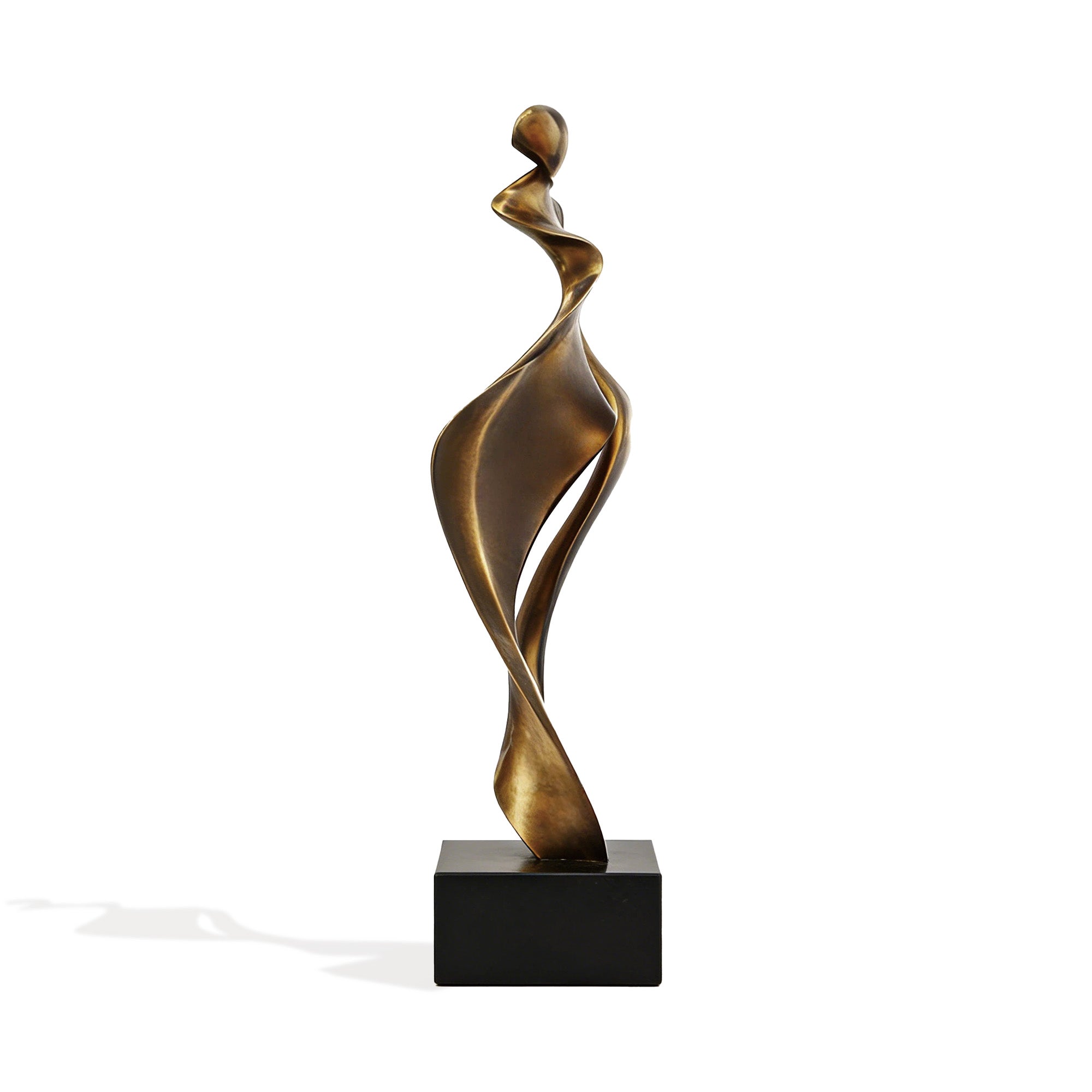 Front view of a bronze abstract figure sculpture with twisting ribbon curves, stylized human-like silhouette, warm bronze patina, and black square base on a white background.