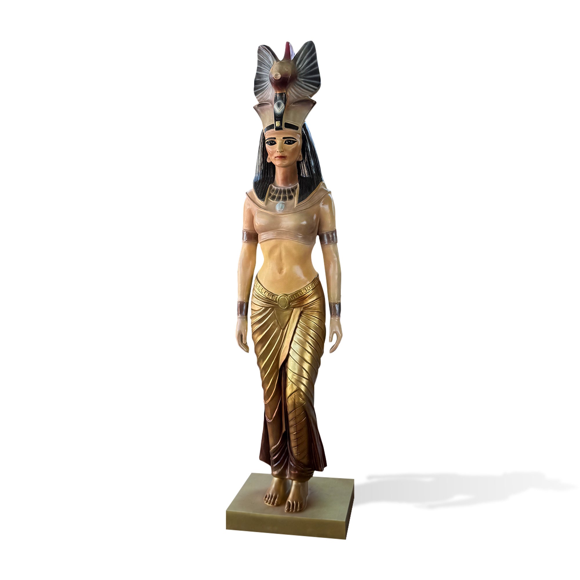 Front view of a bronze Egyptian goddess statue with ornate ancient headdress, wide collar necklace, fitted dress, gold-toned skirt, and rectangular base on a white background.