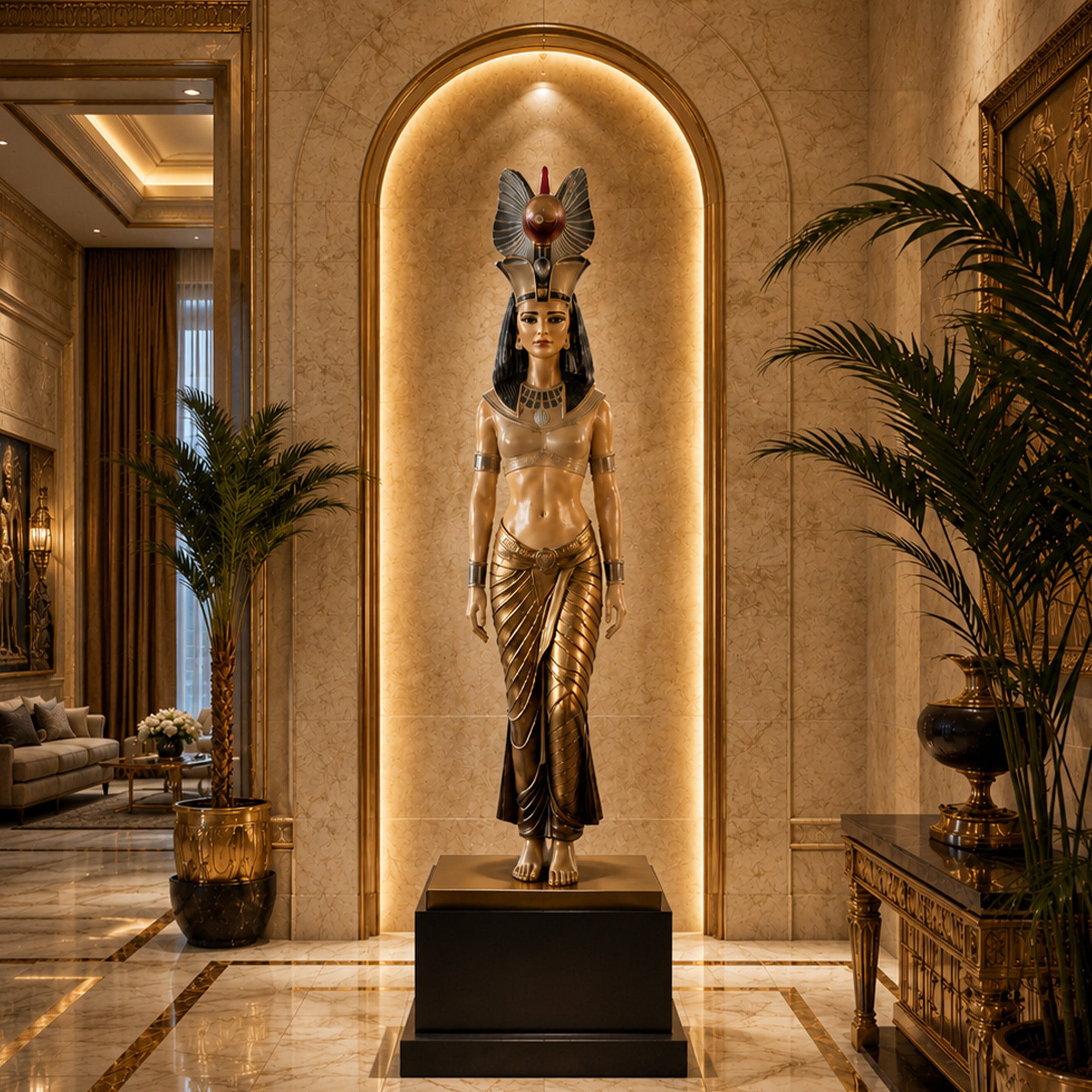 Bronze Egyptian queen goddess statue displayed on a black pedestal in a luxury interior niche with ornate headdress, wide collar necklace, fitted dress, and marble surroundings.