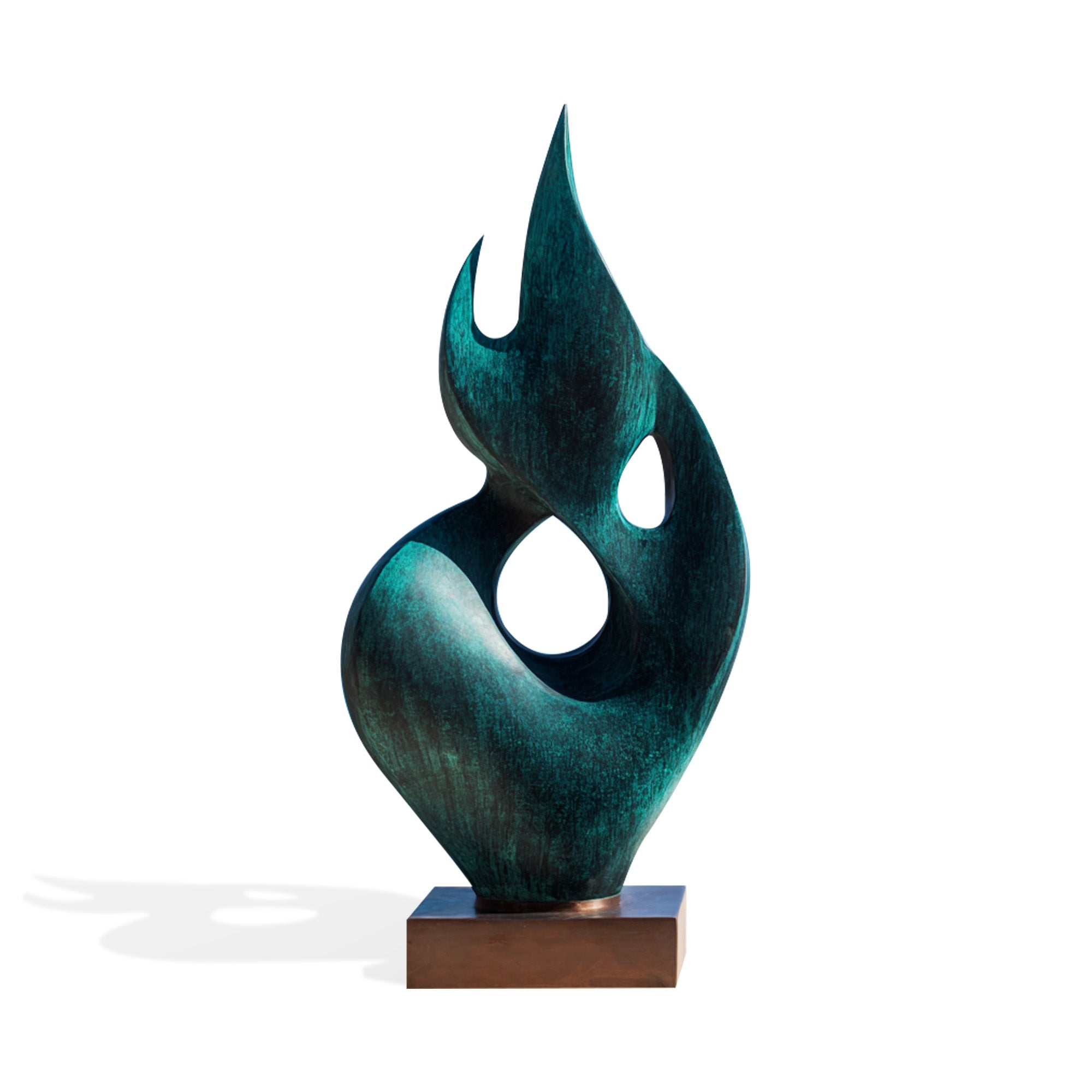 Front view of a verdigris bronze abstract flame sculpture with flowing organic curves, open circular cutouts, textured green patina, and square bronze base on a white background.
