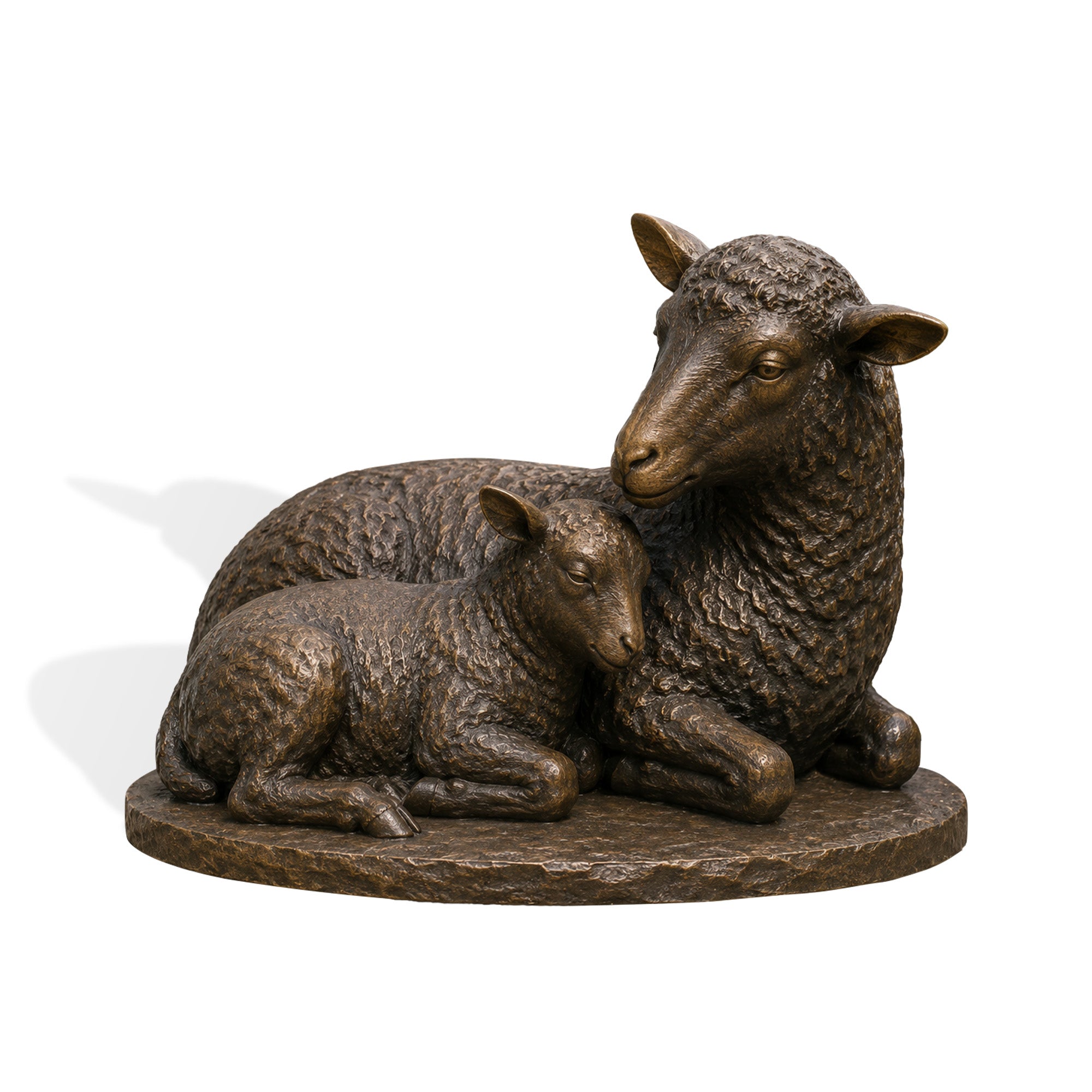 Close view of a bronze ewe and lamb sculpture lying side by side with realistic wool texture and gentle pastoral expression