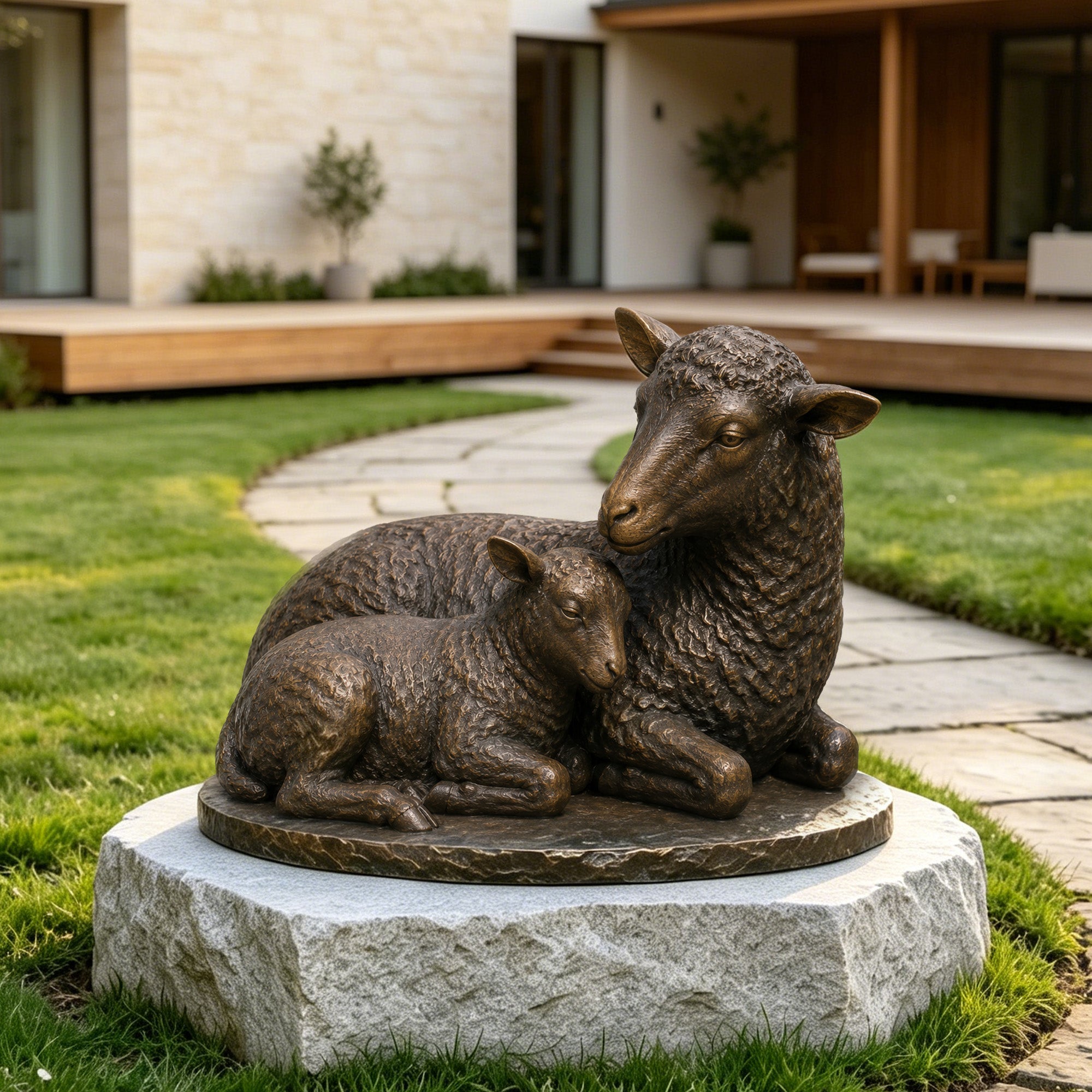 Mother sheep and lamb bronze sculpture resting together on a round base with textured wool details for garden and courtyard decoration