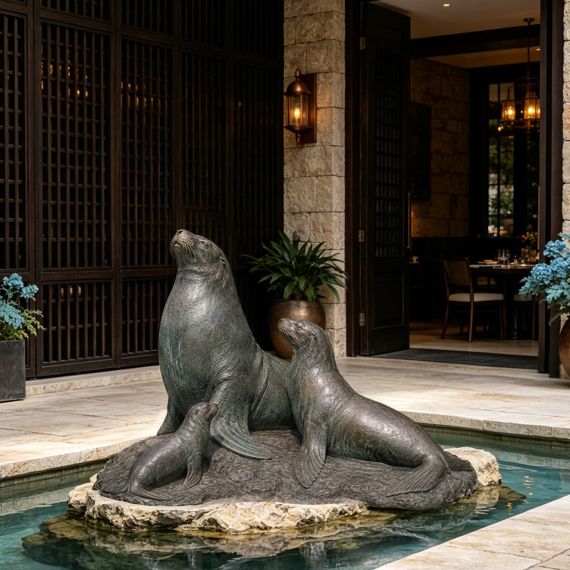Bronze sea lion family sculpture displayed beside a pool with realistic seal figures on a rocky base