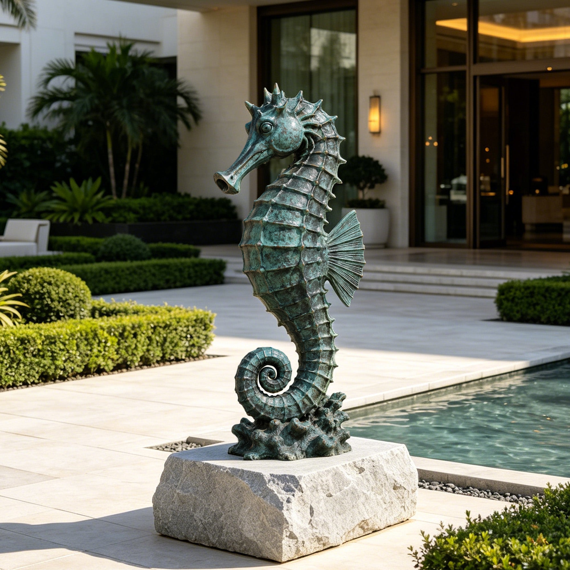 Verdigris bronze seahorse sculpture displayed on a stone base beside a swimming pool, ideal for coastal garden, villa courtyard, and outdoor water feature decor.