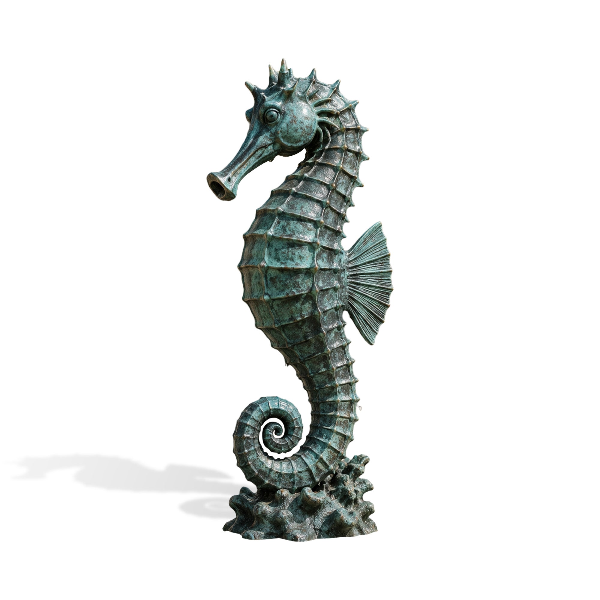 Verdigris bronze seahorse statue with curled tail, textured armored body, side fin, and ocean-inspired base for garden, poolside, or coastal landscape decoration.