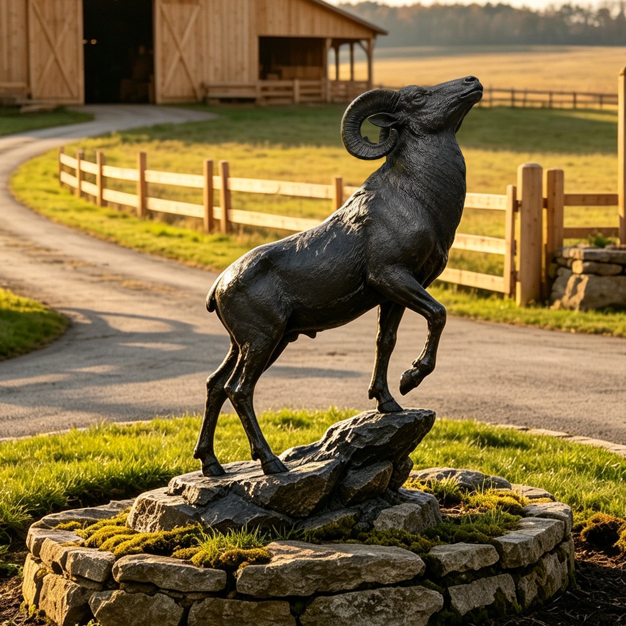 Life-size bronze bighorn ram statue standing on a natural rock base beside a ranch driveway, creating a bold wildlife focal point for outdoor landscapes.