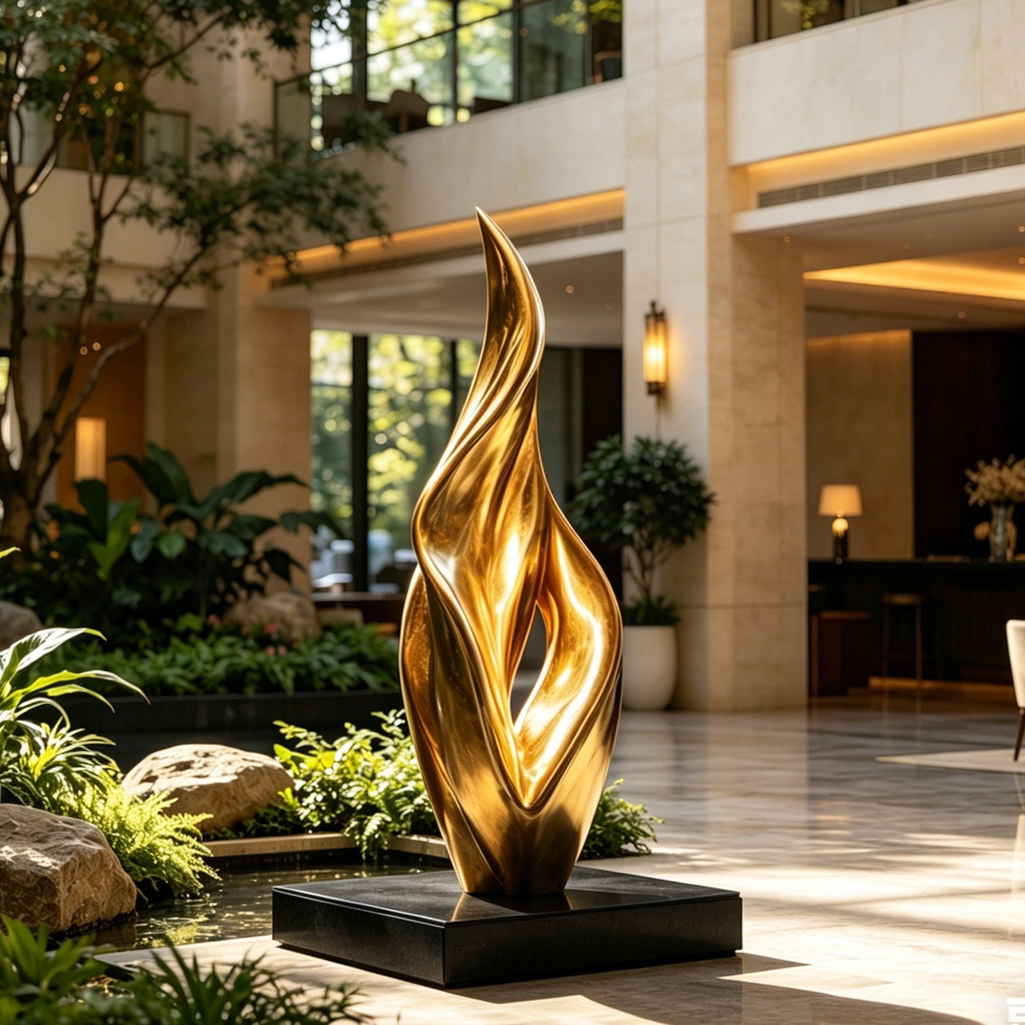 Modern bronze flame sculpture displayed in a luxury lobby garden area with water feature, black base, polished gold surface, and abstract flame design