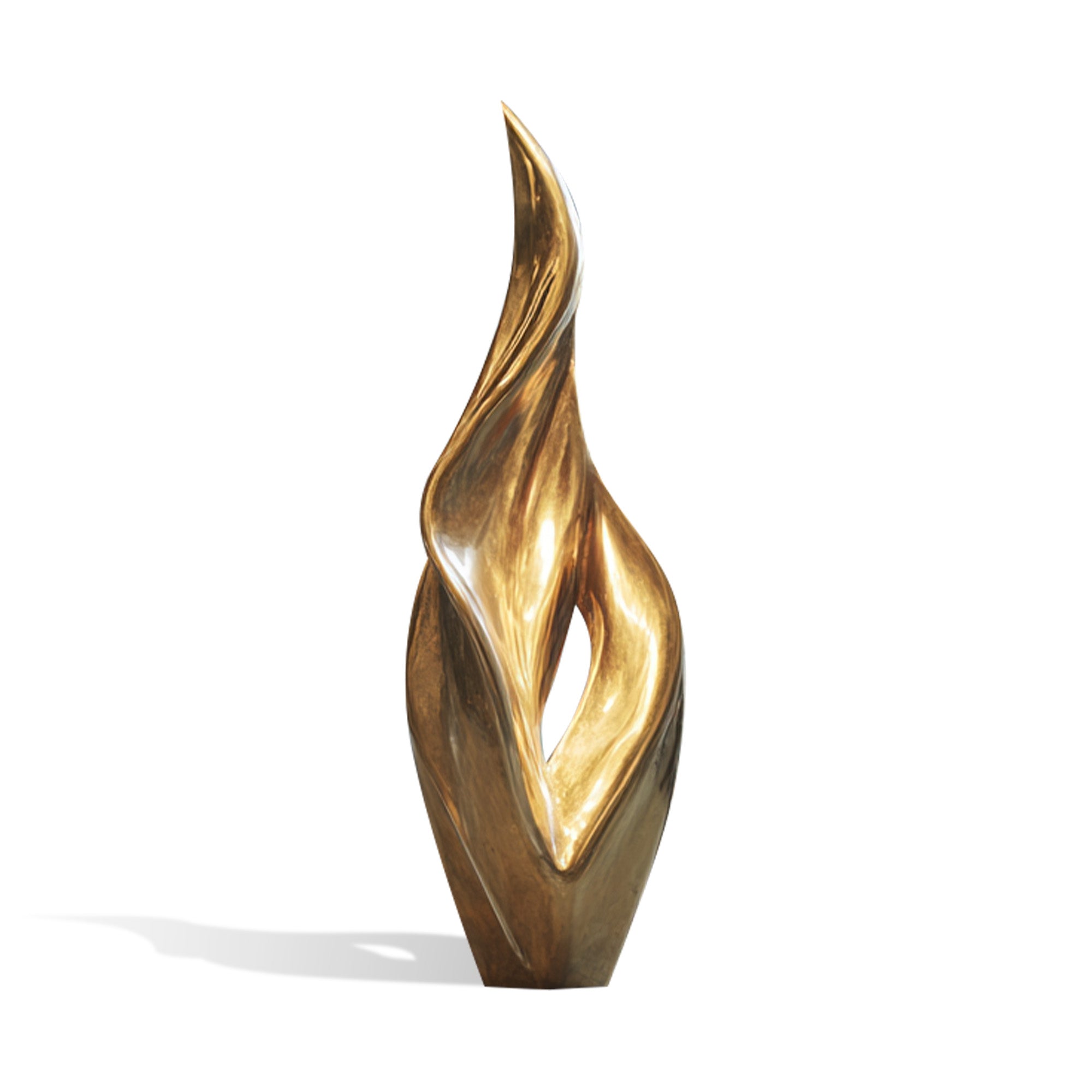 Abstract bronze flame sculpture with polished gold finish, flowing vertical shape, hollow center detail, and modern outdoor art design on white background