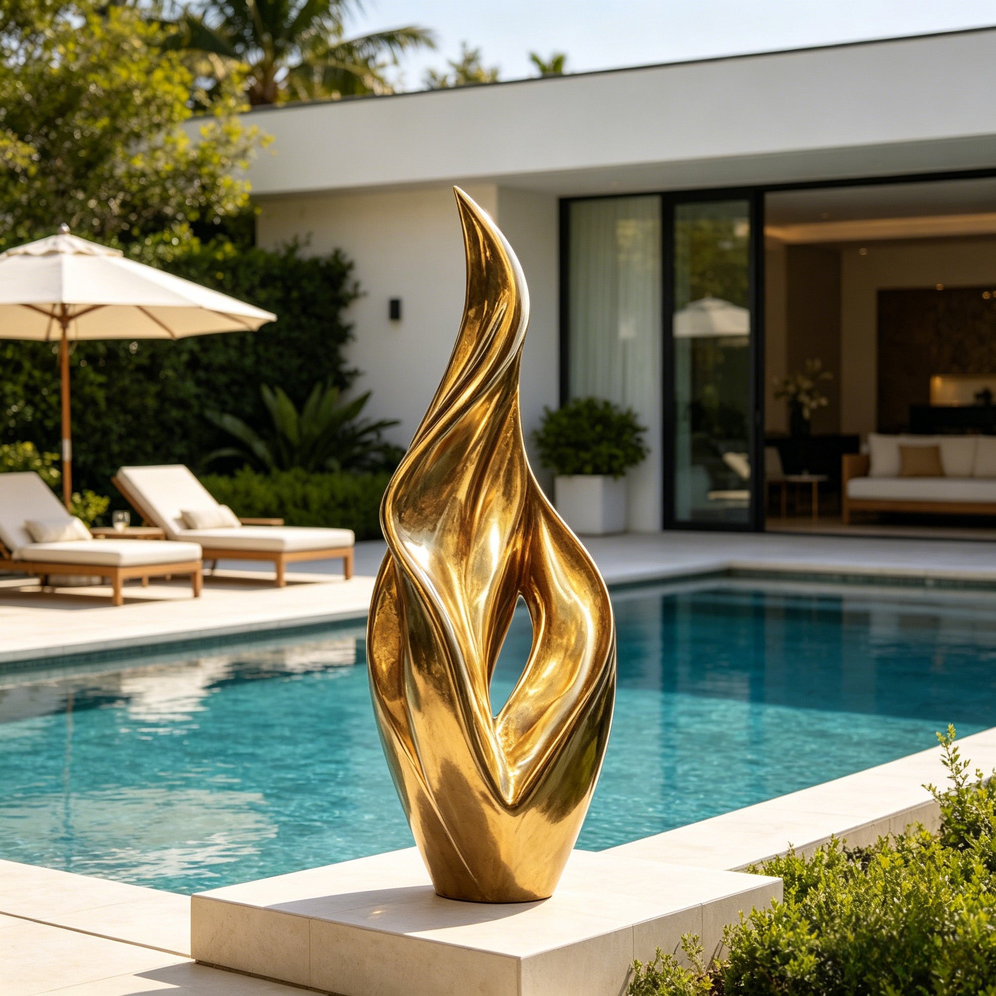Gold bronze flame sculpture installed beside a luxury villa swimming pool, featuring a polished flowing form for outdoor landscape decoration