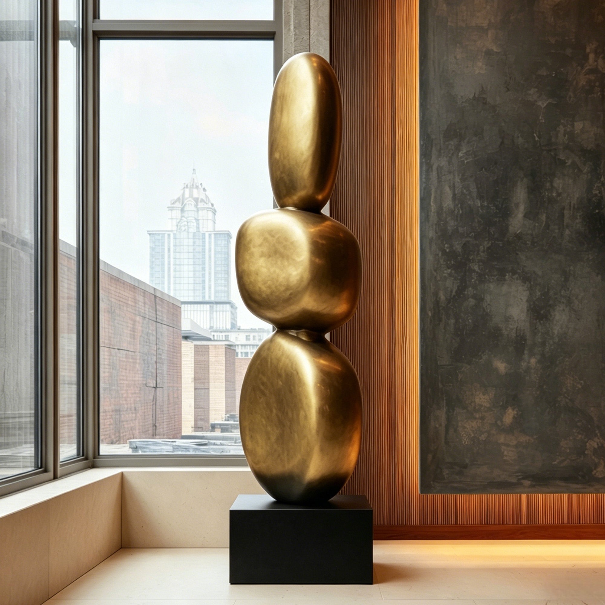 Modern bronze stacked oval sculpture displayed in a luxury interior by a window, featuring gold abstract forms, strong volume, and black display base