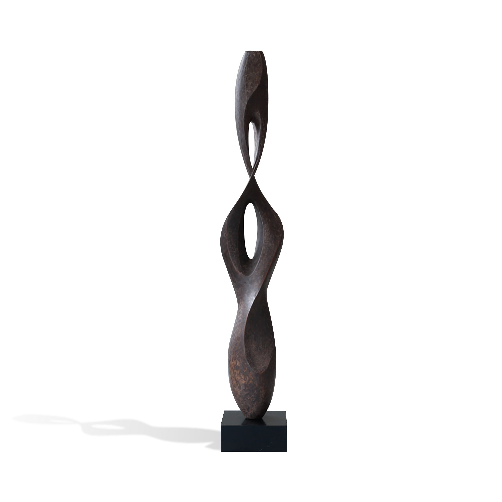 Modern abstract bronze twist sculpture with vertical hollow form, dark patina finish, organic flowing curves, and black pedestal base on white background