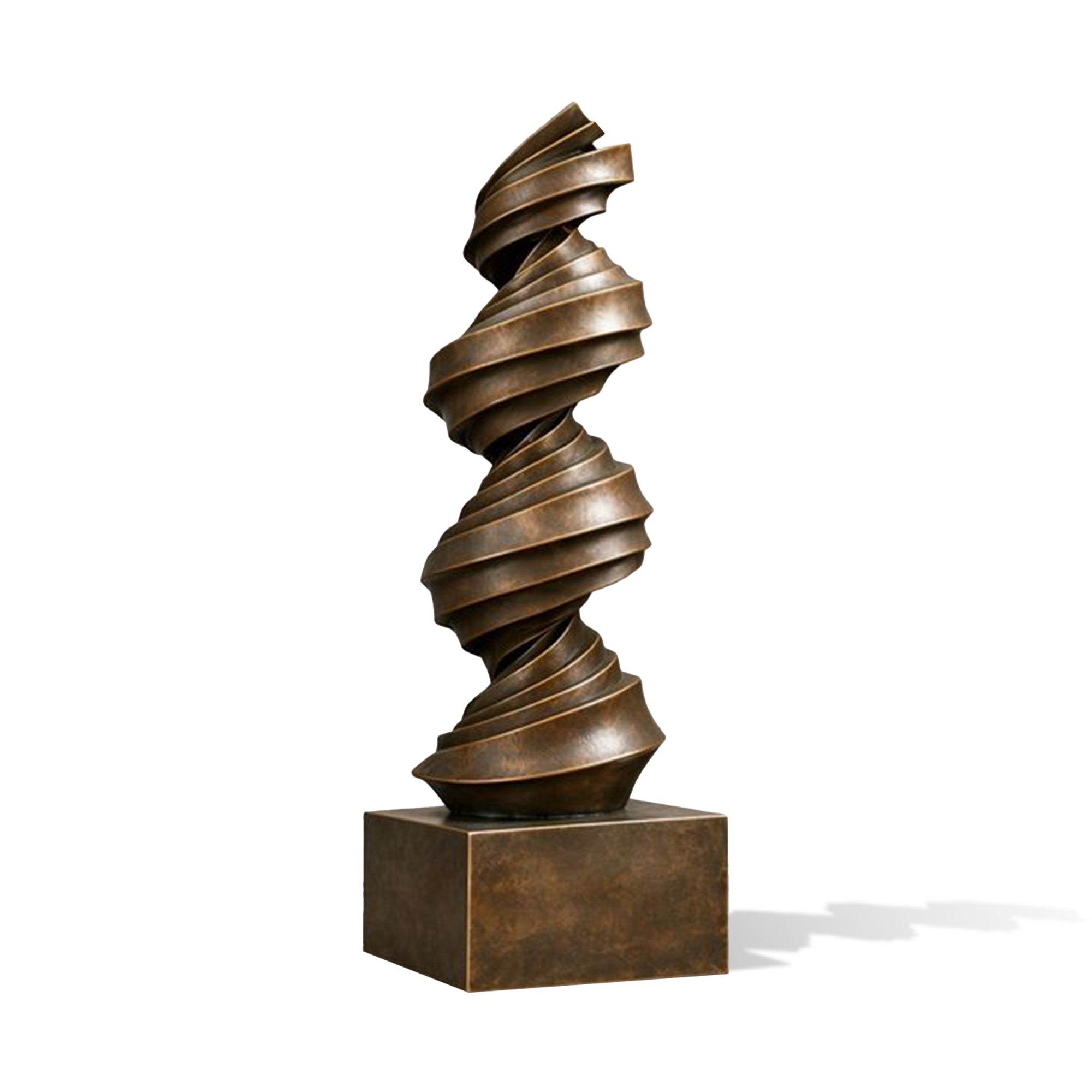 Abstract bronze vortex sculpture with stacked spiral ribbon forms, dynamic twisting movement, warm patina finish, geometric pedestal base, and contemporary outdoor art design on white background