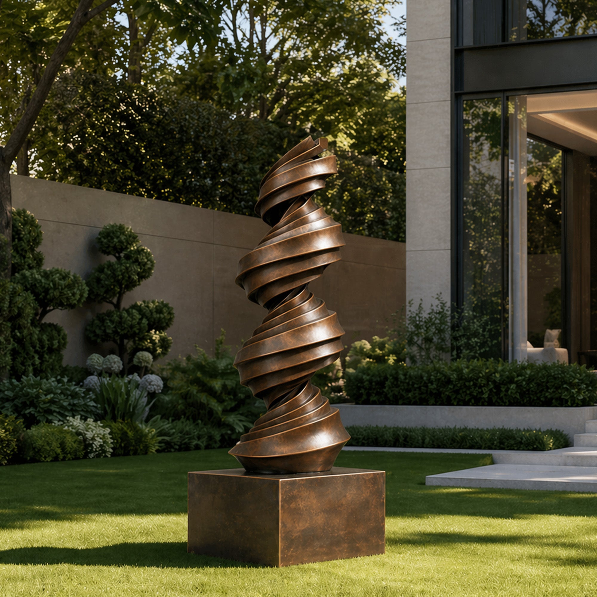 Abstract bronze spiral ribbon sculpture installed in a modern villa garden, featuring twisting layered metal forms, warm antique bronze patina, square pedestal base, and outdoor lawn landscape decor