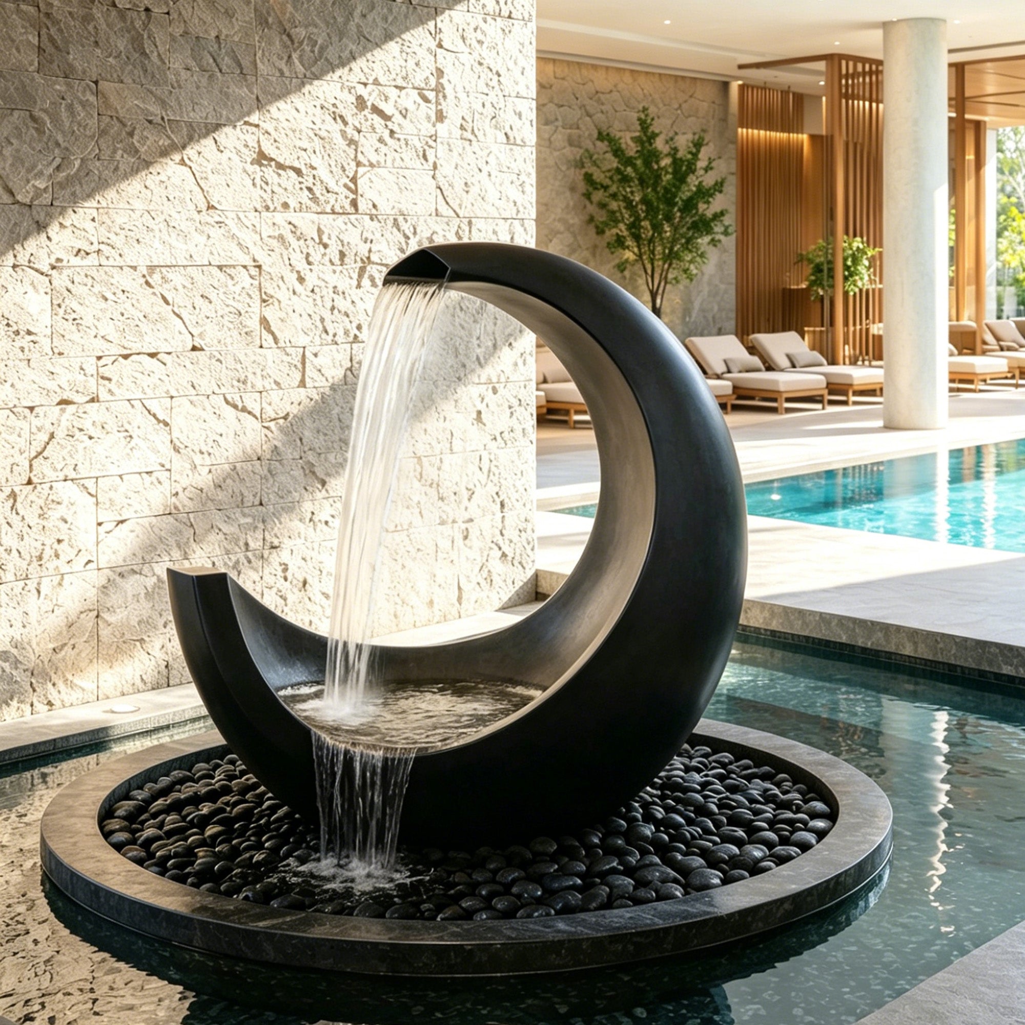 Bronze crescent fountain sculpture installed beside an indoor pool, featuring flowing water, dark bronze curved form, pebble base, and modern stone wall setting