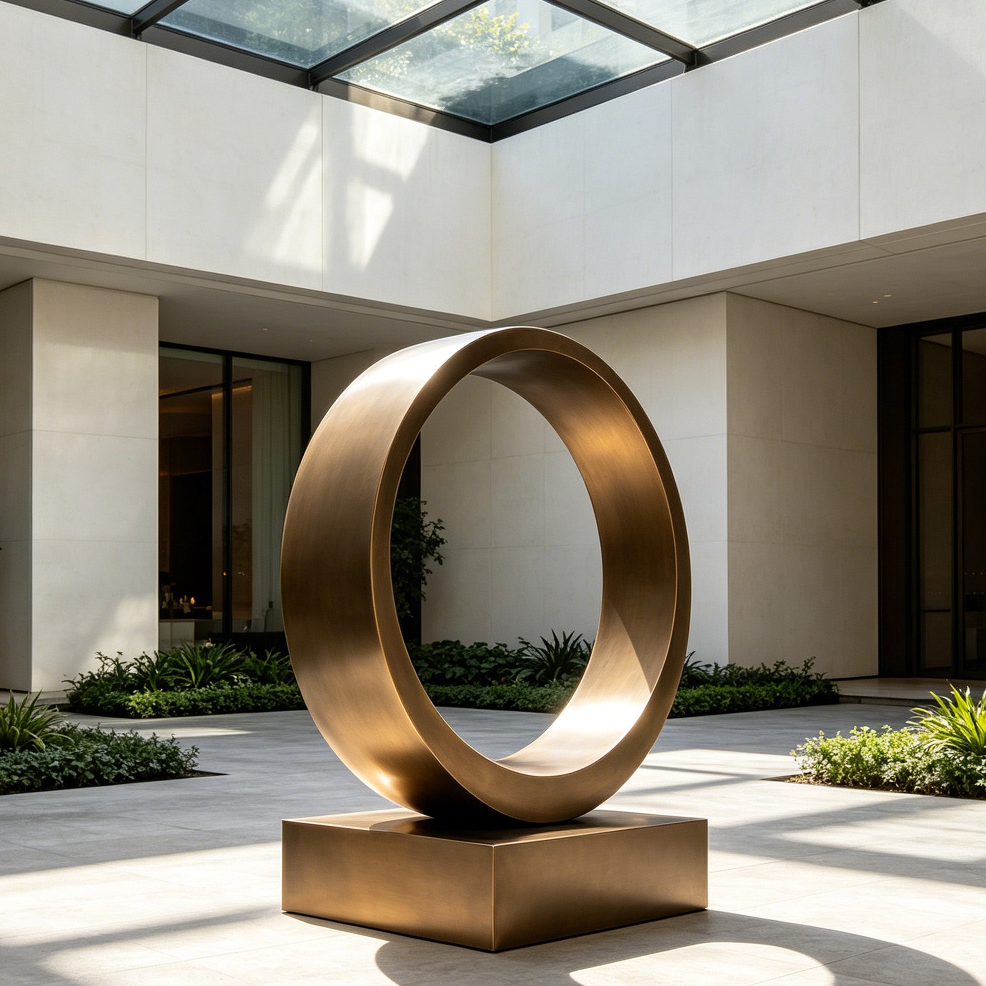 Large modern bronze ring sculpture displayed in a contemporary commercial courtyard, creating an elegant focal point for office buildings, luxury hotels, and outdoor landscape design.