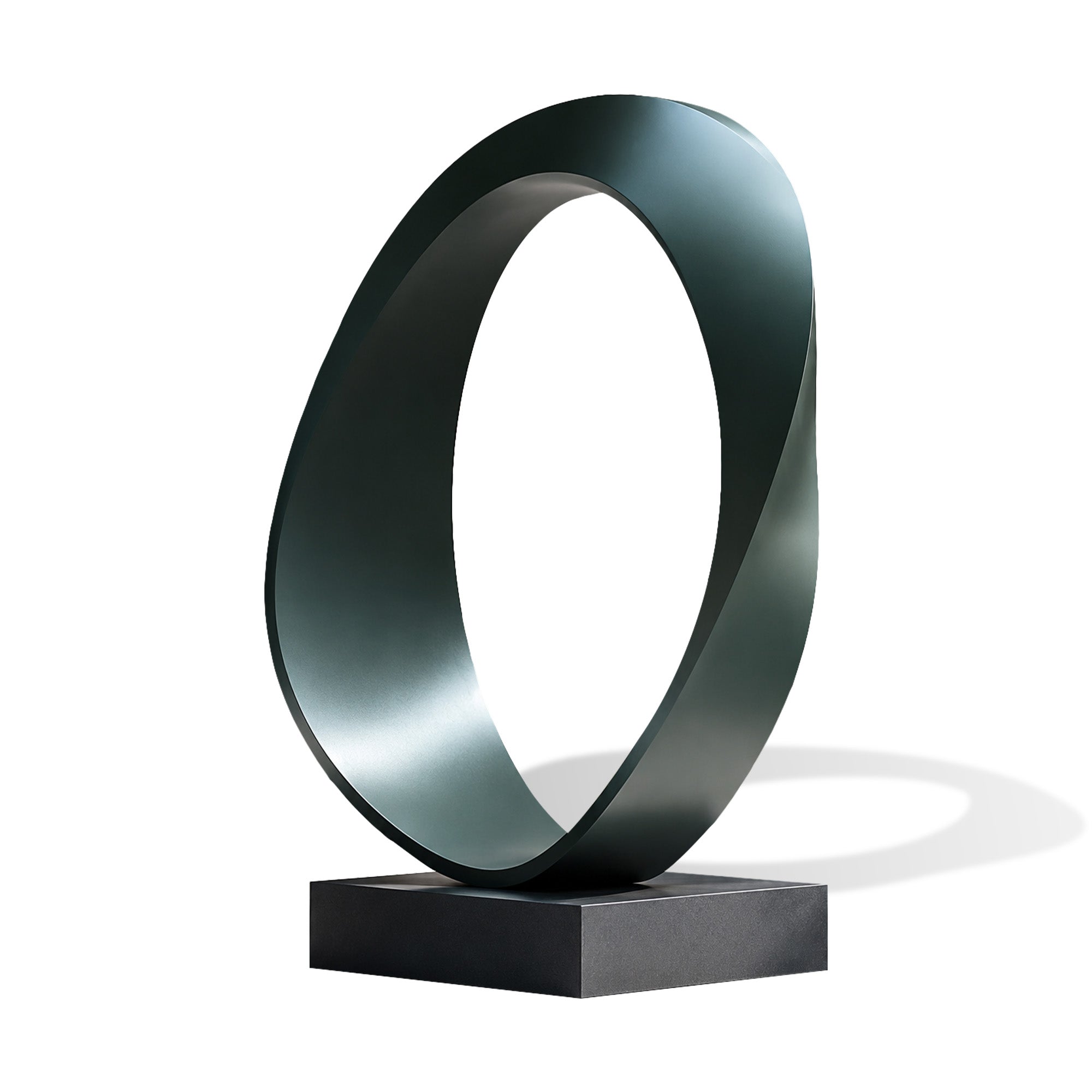 Large modern green abstract ring metal sculpture featuring a minimalist hollow circular design, ideal for outdoor gardens, commercial landscapes, corporate campuses, and public art installations.
