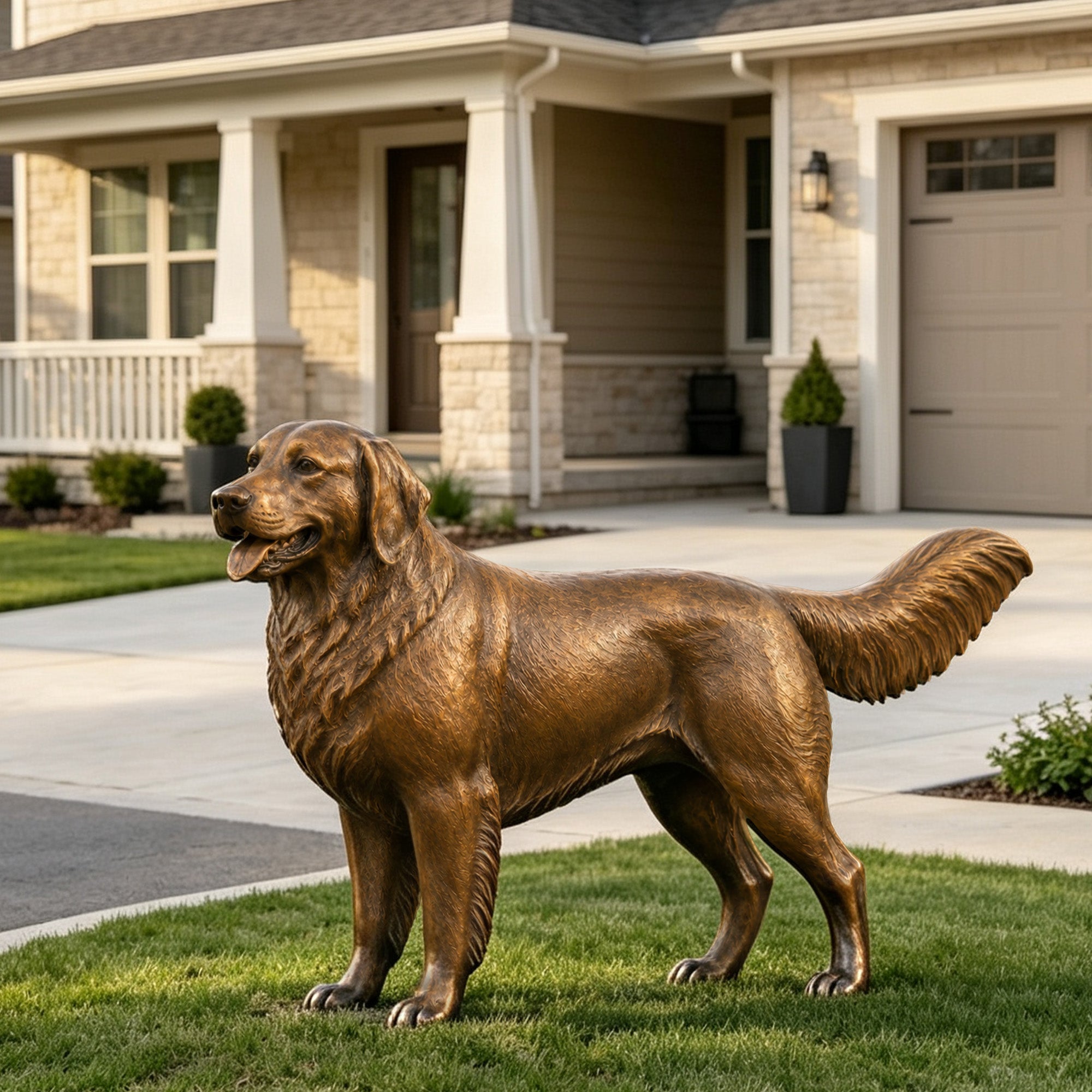 Life-size bronze Golden Retriever dog sculpture standing on a residential front lawn, featuring realistic fur texture and a warm brown patina finish.