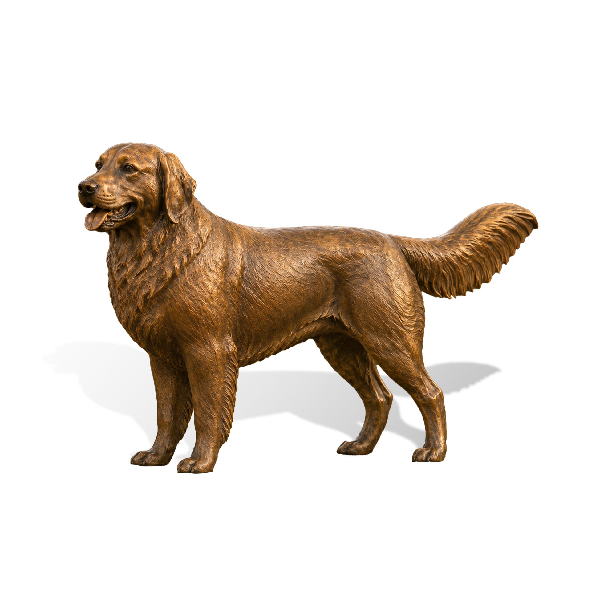 Realistic bronze Golden Retriever dog statue with detailed fur, open mouth, standing pose, and raised tail, shown on a clean white background.