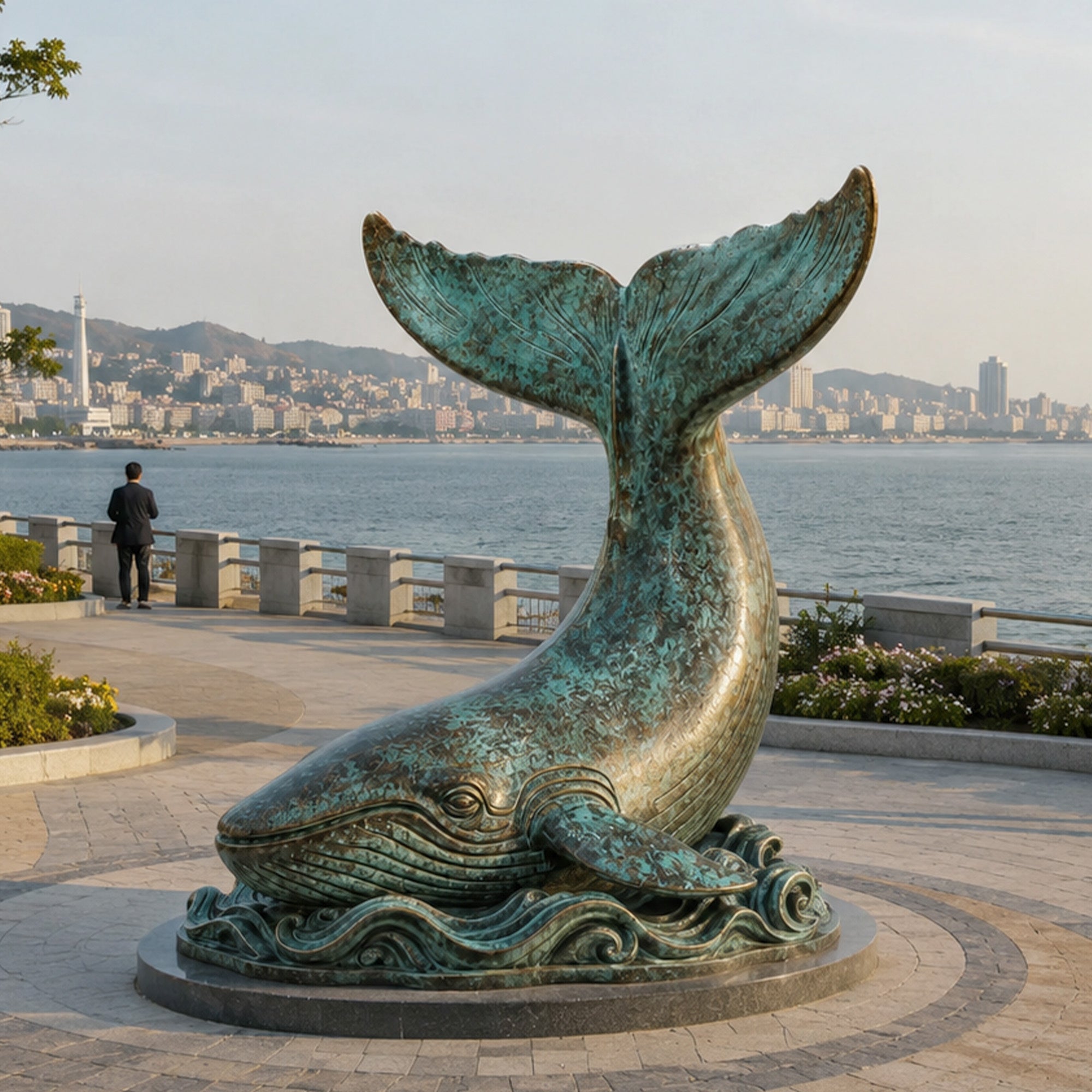 Large bronze whale tail sculpture displayed by a seaside promenade, with blue-green patina finish, carved wave base, and coastal public art design