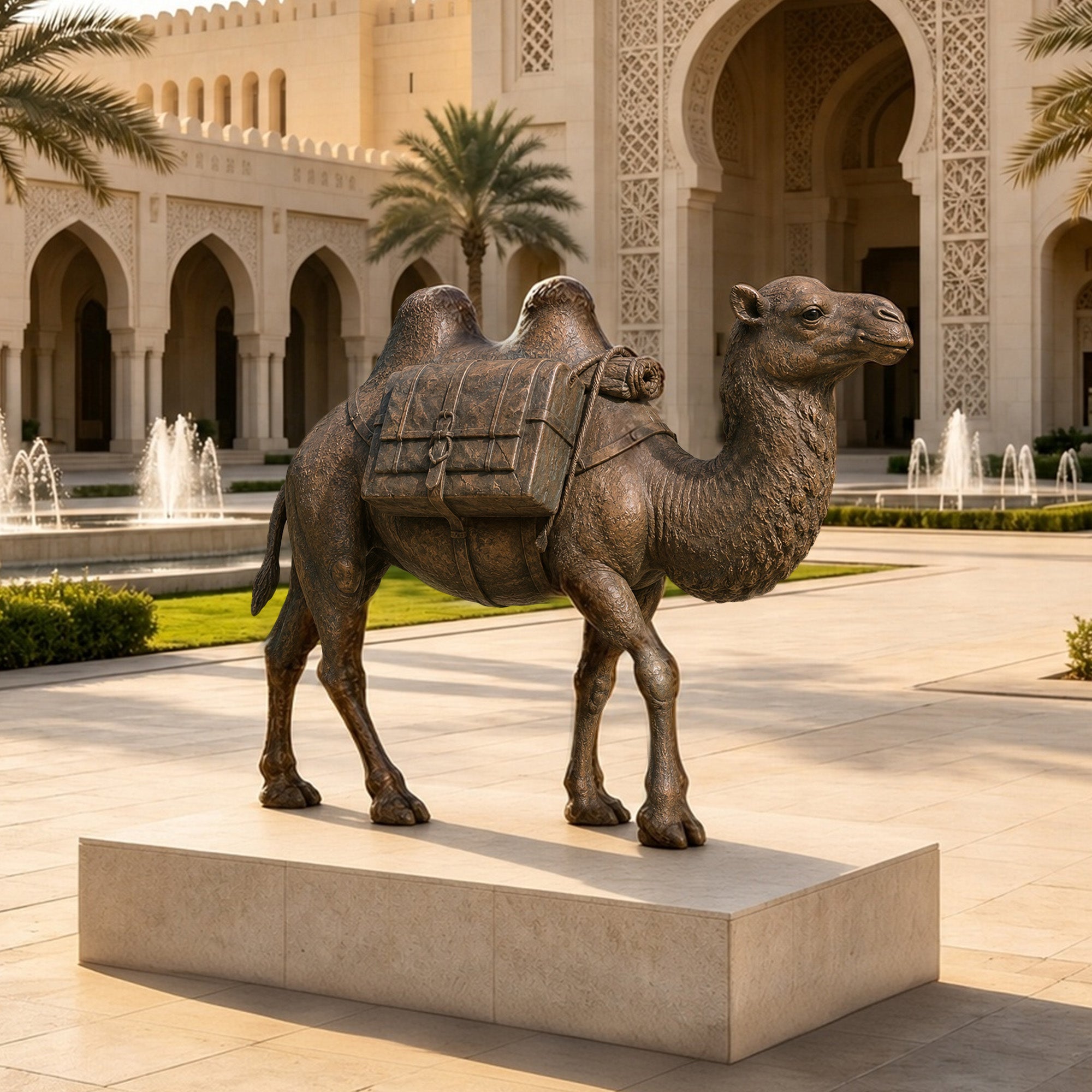 Bronze camel sculpture installed in a garden courtyard with fountain and palm trees, featuring double humps, detailed saddle bags, antique bronze finish, and outdoor landscape decor