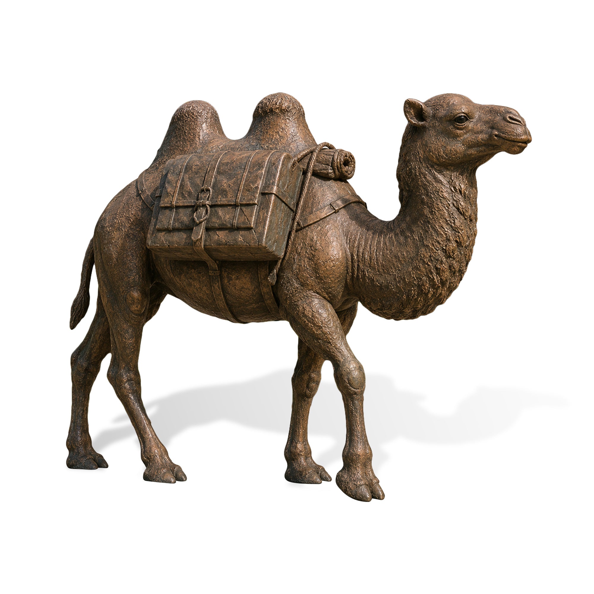 Bronze camel garden sculpture with double humps, saddle bags, textured body detail, antique bronze finish, and realistic standing pose on white background