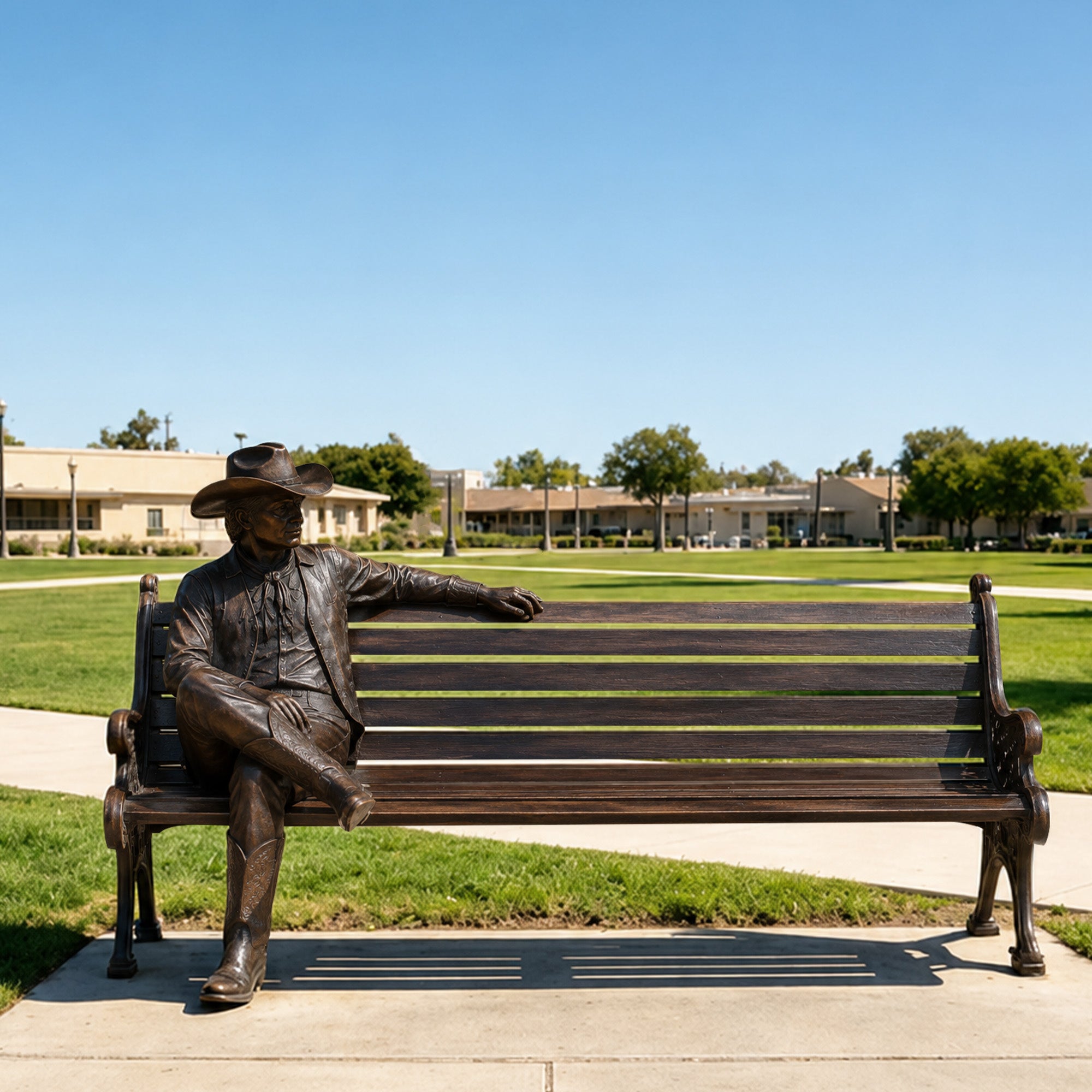 Bronze cowboy bench sculpture installed in a public park, featuring a seated western cowboy with hat, boots, crossed legs, wooden-style bench, and outdoor landscape setting