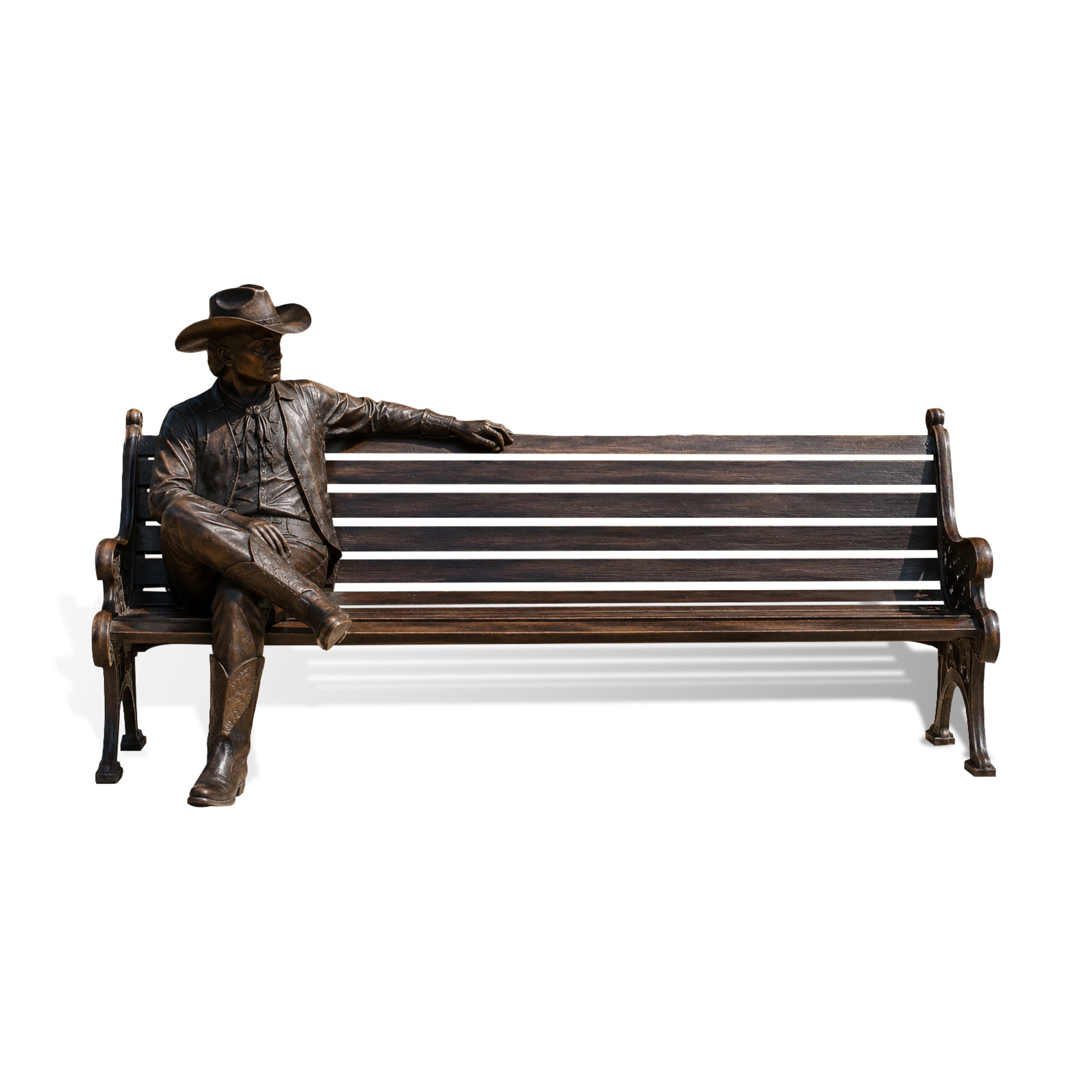 Western cowboy bronze statue seated on a bench, wearing cowboy hat, boots, jacket, and scarf, designed as outdoor public art, park bench sculpture, and western decor display