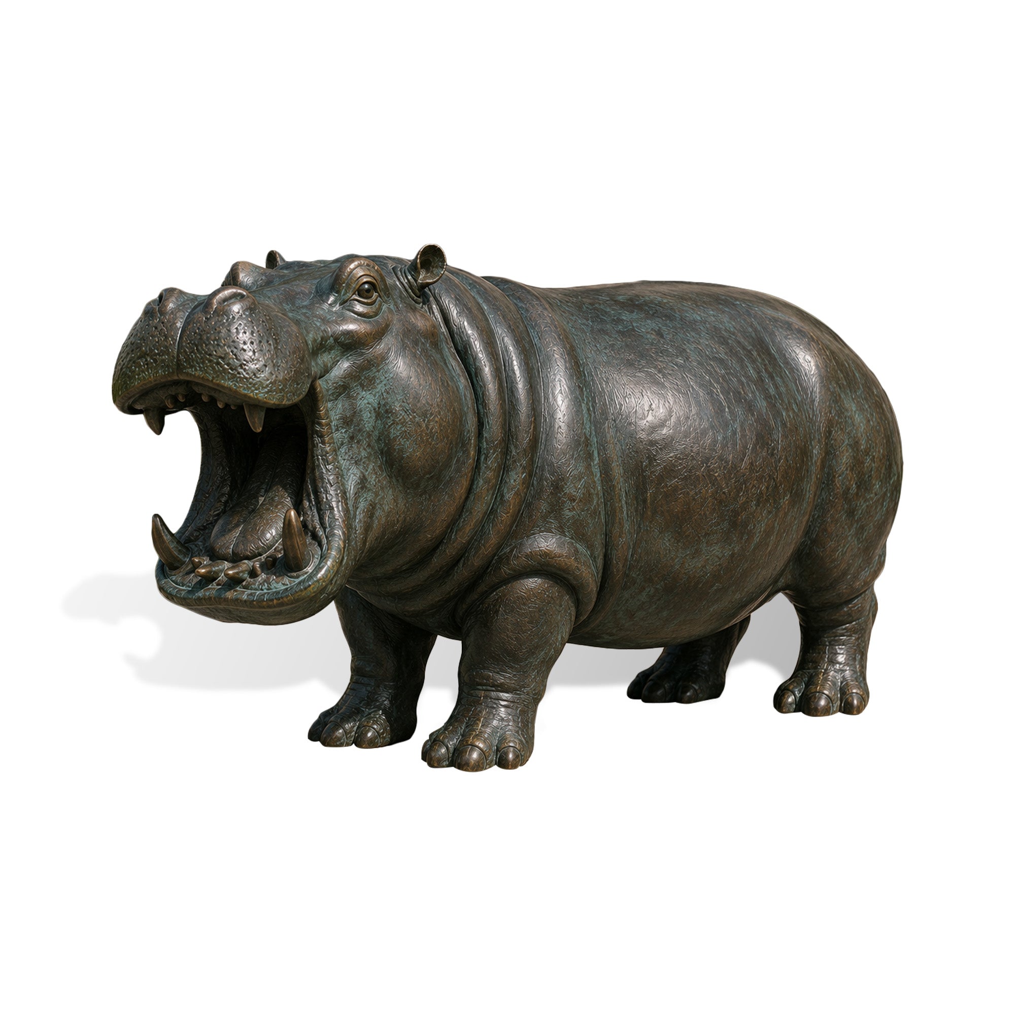 Bronze hippo sculpture featuring lifelike details, textured body, powerful pose, and premium metal artwork for outdoor spaces