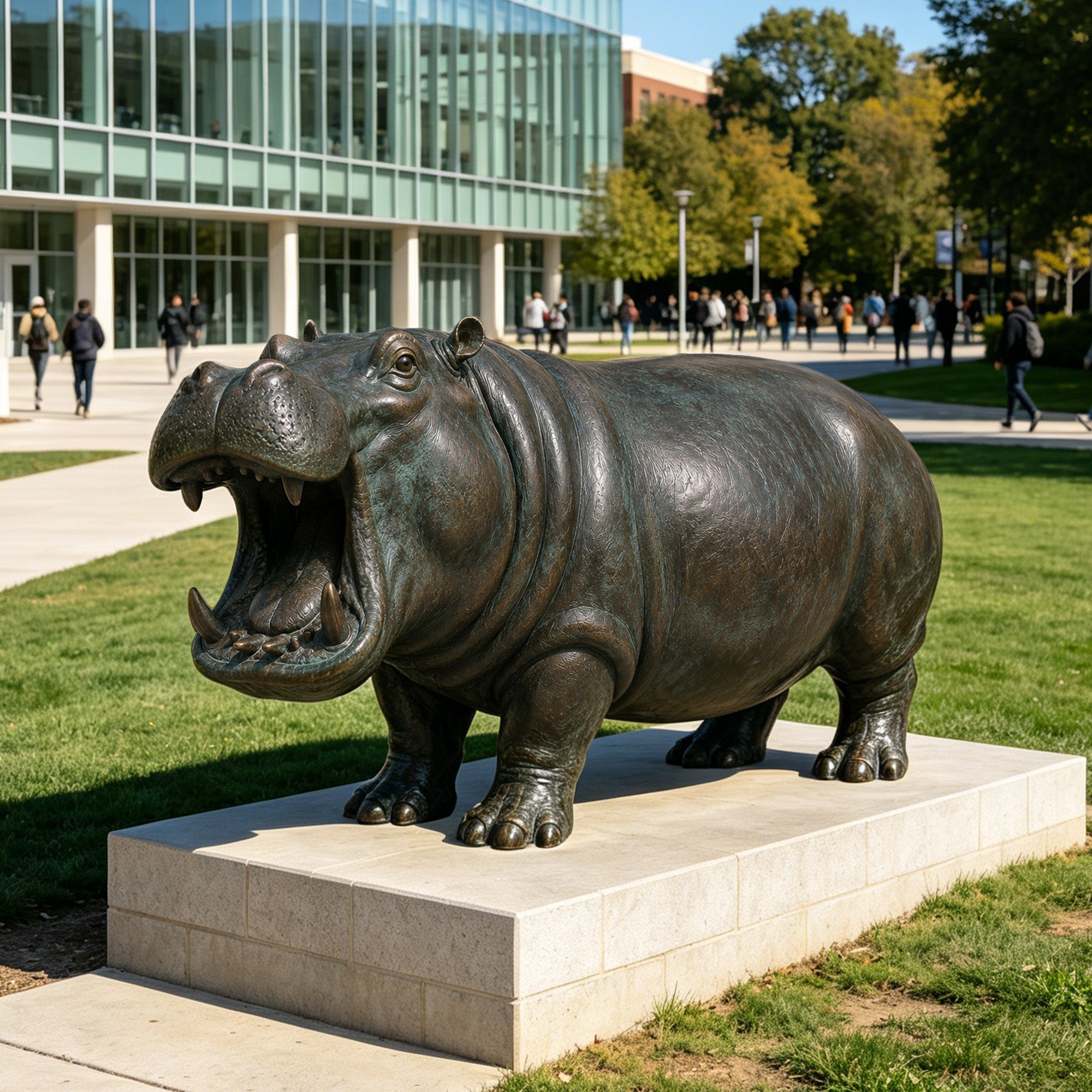 Realistic bronze hippopotamus statue with open mouth, detailed skin texture, and handcrafted wildlife sculpture for outdoor garden decor