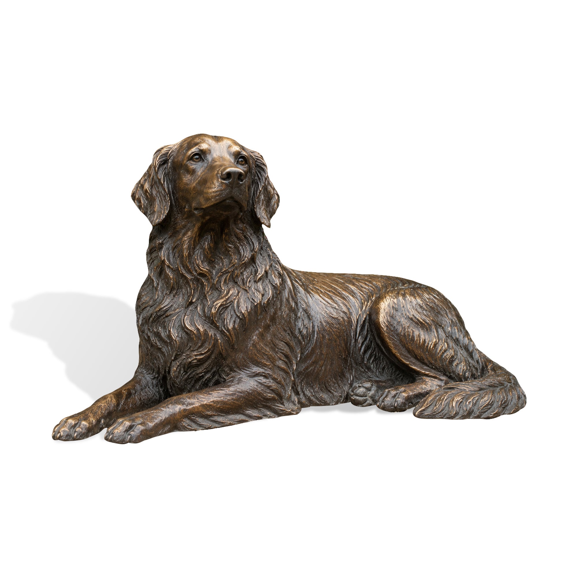 Realistic life size bronze golden retriever sculpture featuring detailed fur, natural standing pose, handcrafted metal dog statue for luxury outdoor landscaping and home decor
