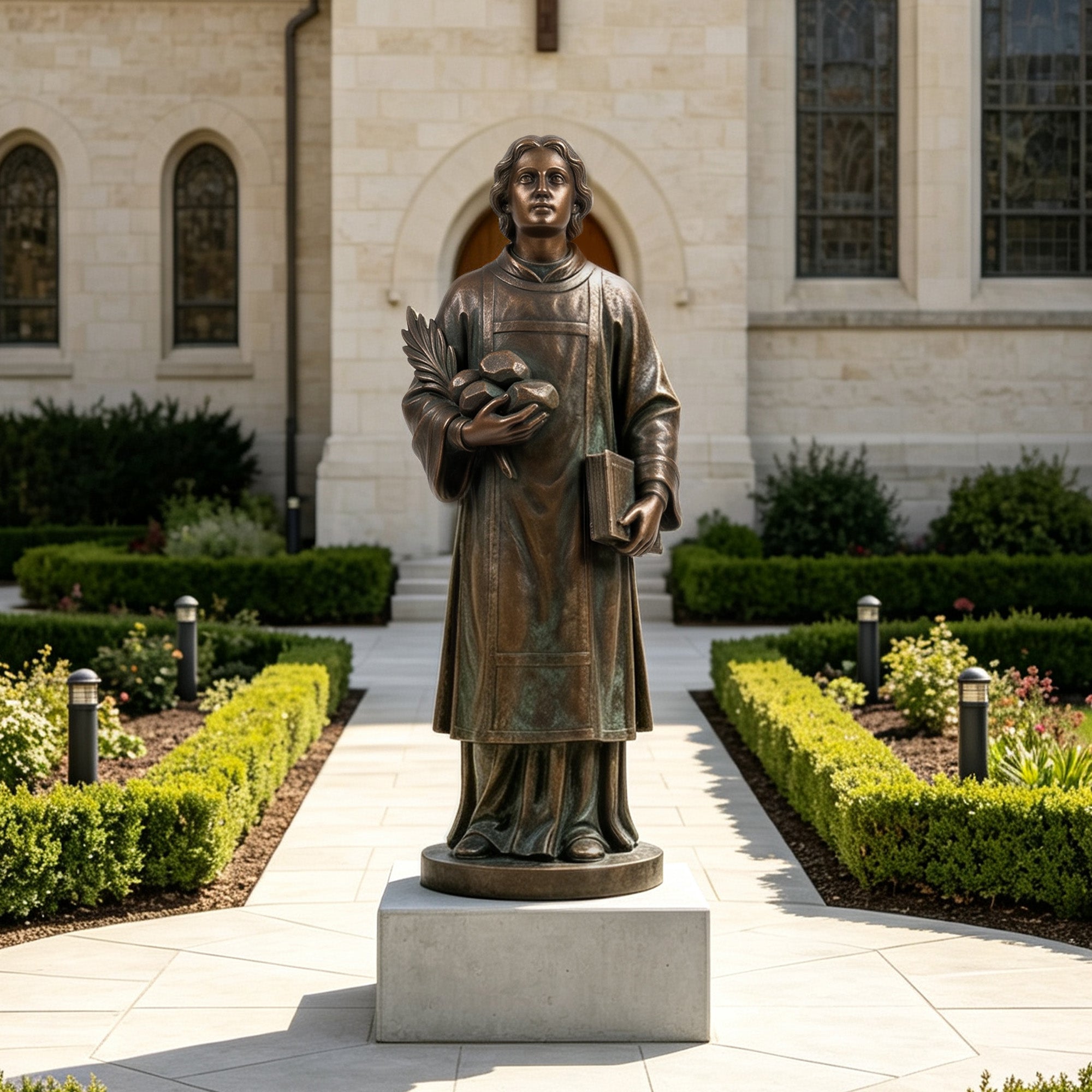 Detailed bronze religious figure statue standing on a round base, handcrafted church sculpture featuring a robed person holding a book and symbolic objects for sacred outdoor decoration