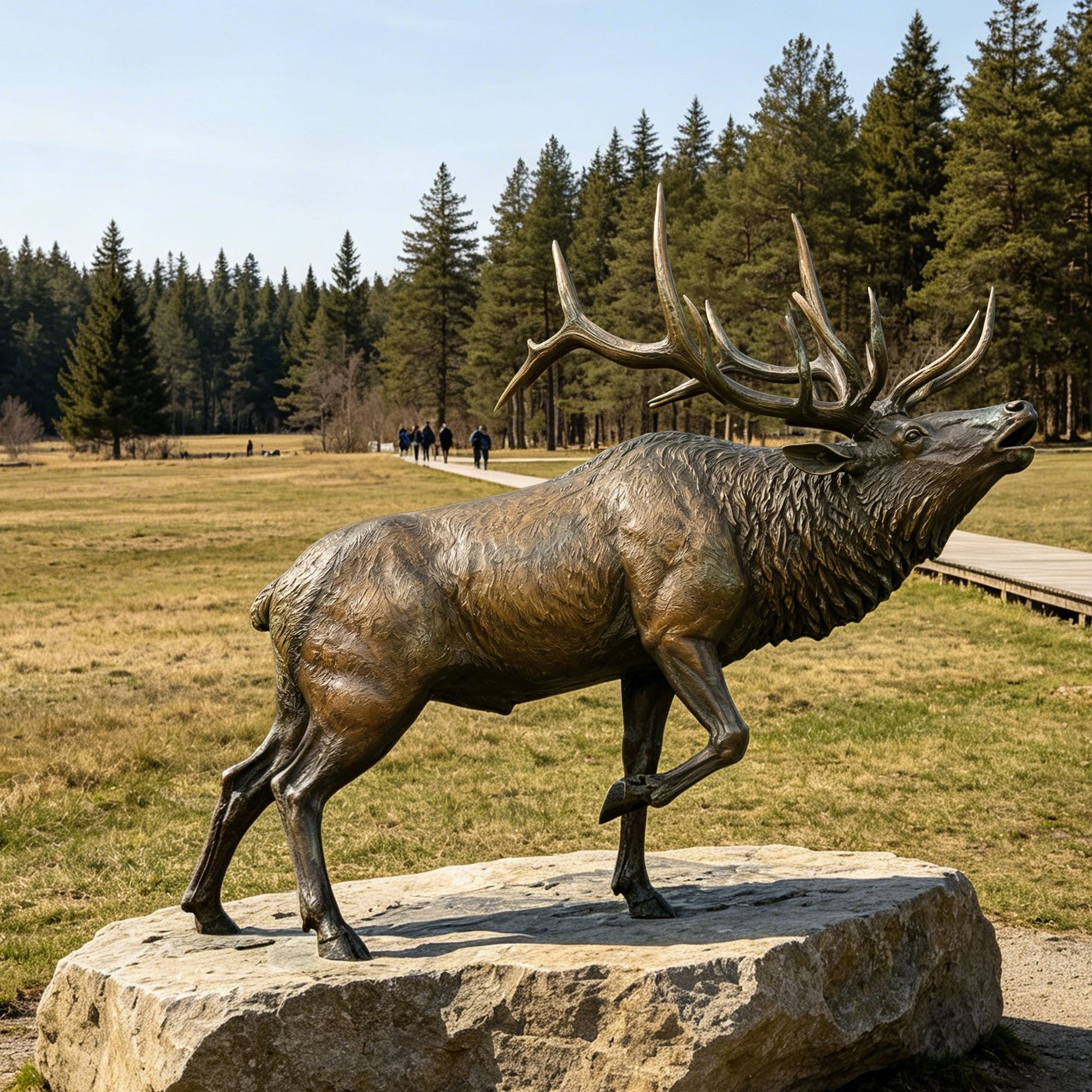 Large bronze elk sculpture displayed in a natural outdoor park setting, realistic wildlife statue with detailed antlers and handcrafted bronze finish for garden landscaping