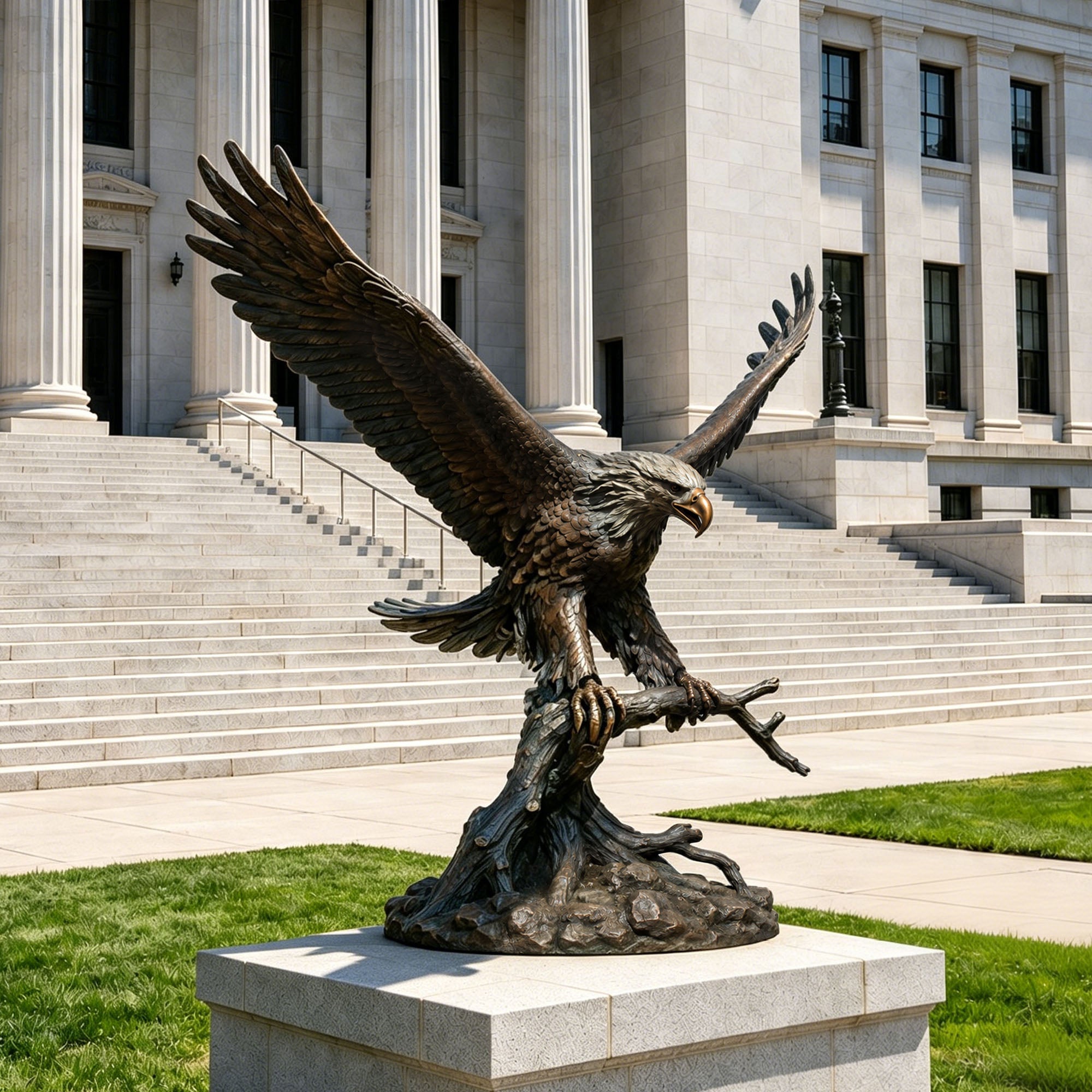 A majestic bronze eagle sculpture with wide-open wings, perched on a tree branch, set against a classic building and manicured courtyard lawn.