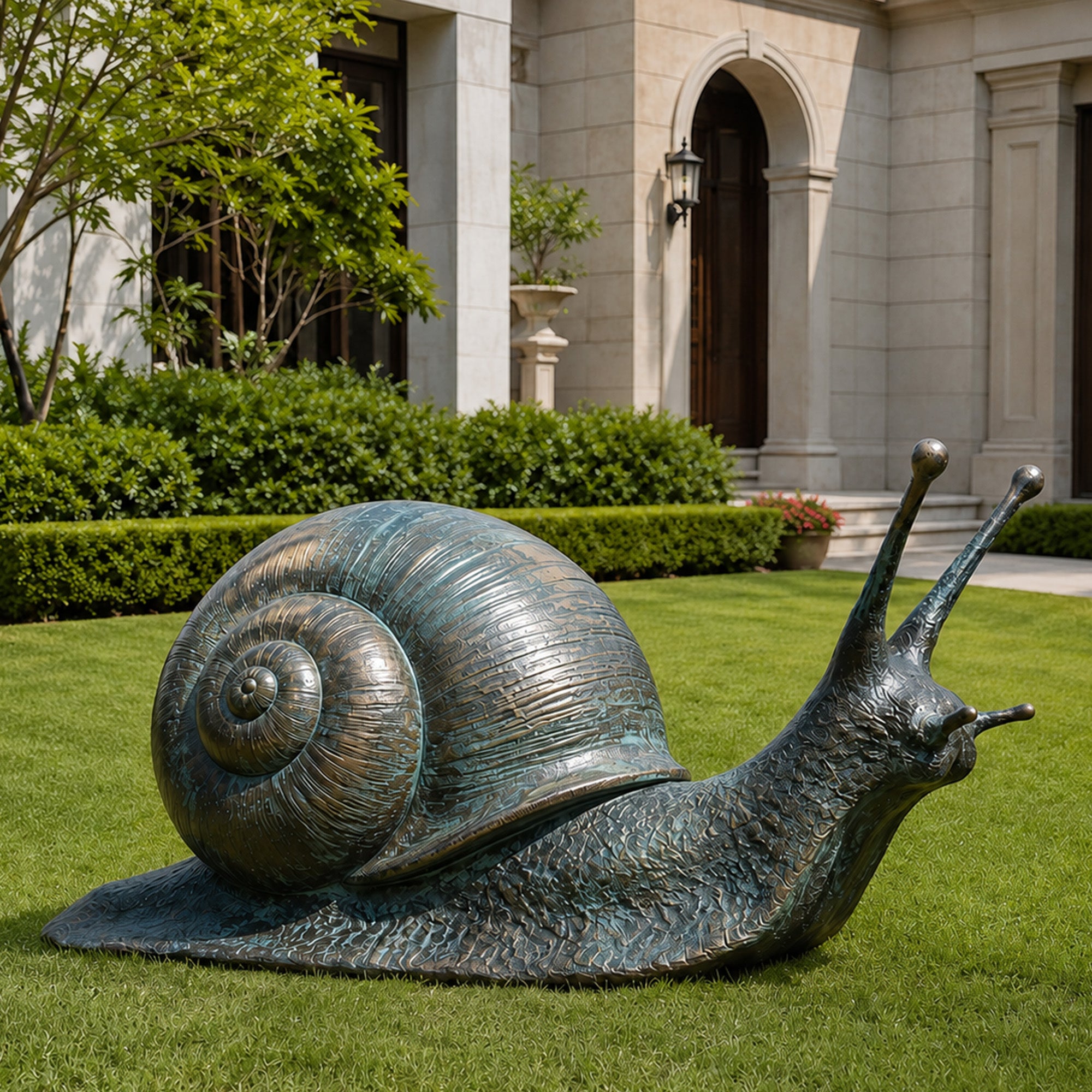 Front view of a bronze snail sculpture resting on a green lawn with a detailed spiral shell and raised eyestalks, set against a lush courtyard garden and classic home architecture.
