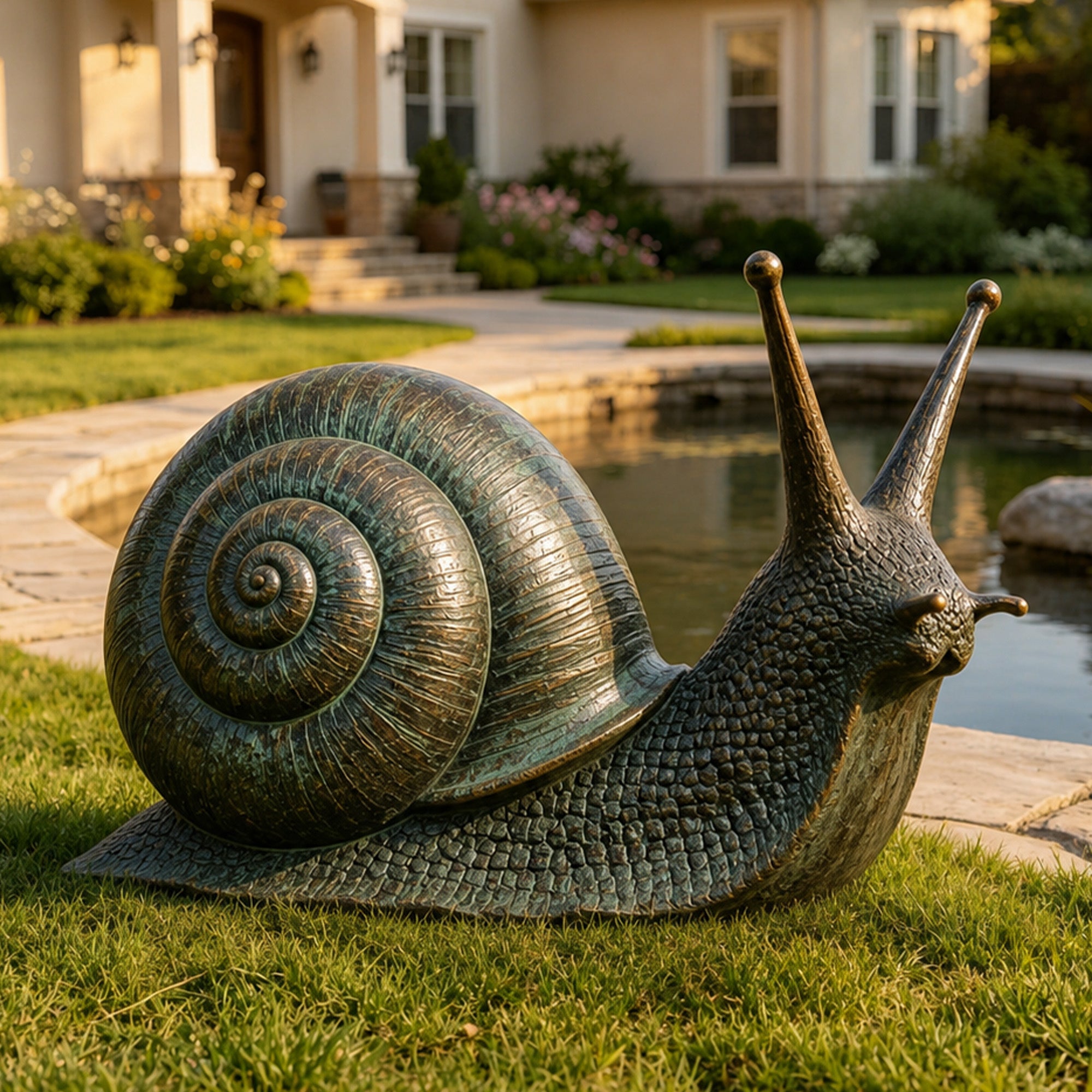 Front view of a verdigris bronze snail sculpture with a ridged shell and tall eyestalks, resting on a lush green lawn beside a tranquil garden pond.