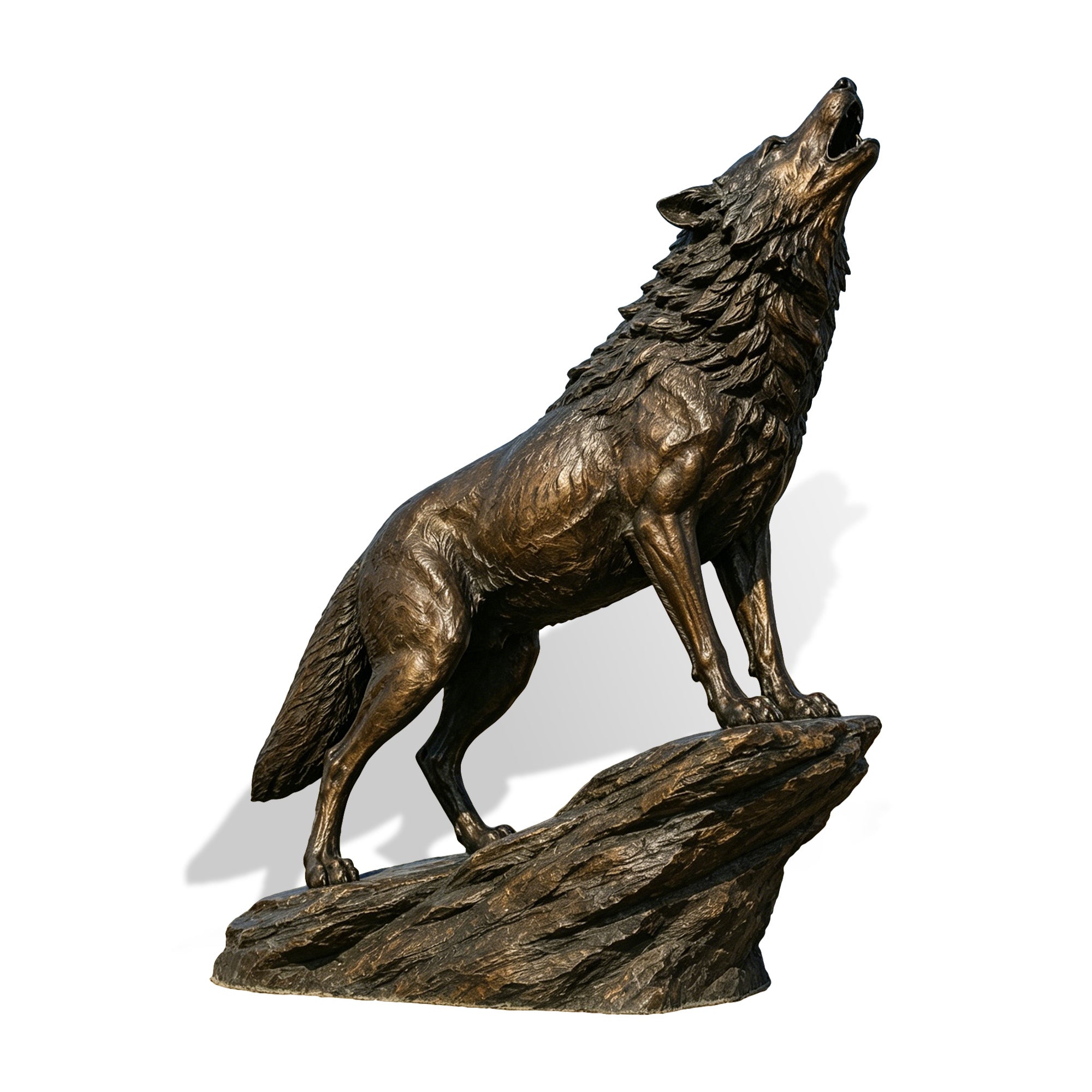 A bronze howling wolf sculpture standing on a rock base, detailed wildlife statue for outdoor garden and landscape decoration.