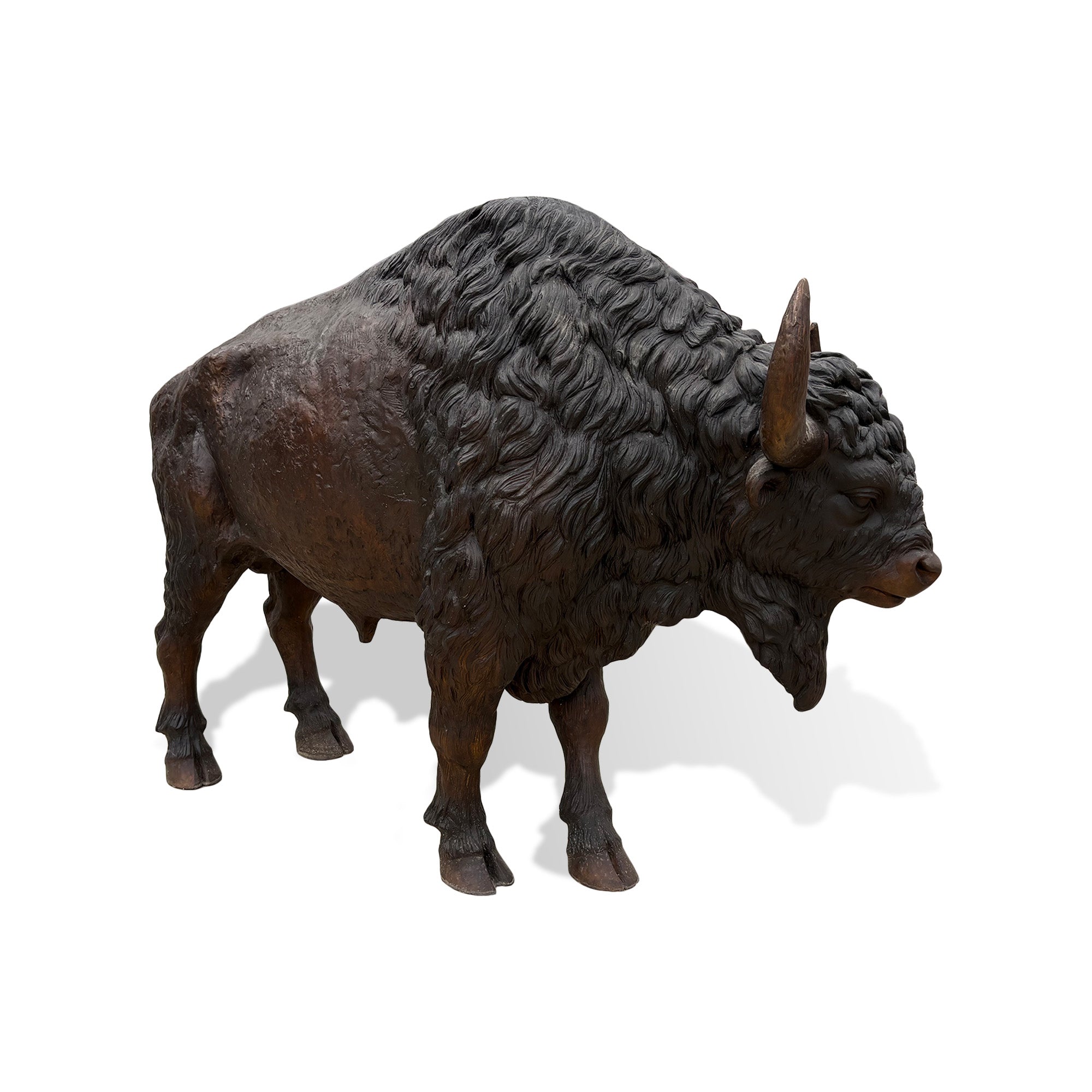 Bronze bison sculpture front view with realistic fur texture and detailed horns for outdoor garden decoration