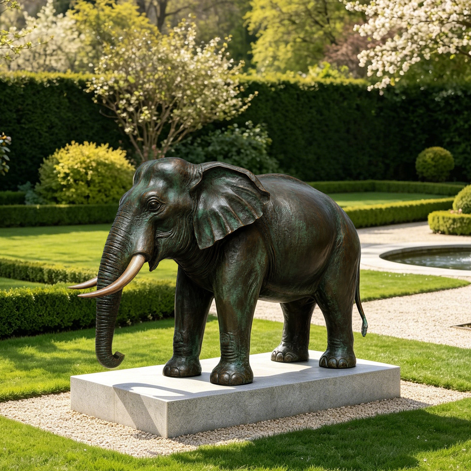 Bronze elephant sculpture displayed in a landscaped garden with realistic details, antique finish, and elegant outdoor art design