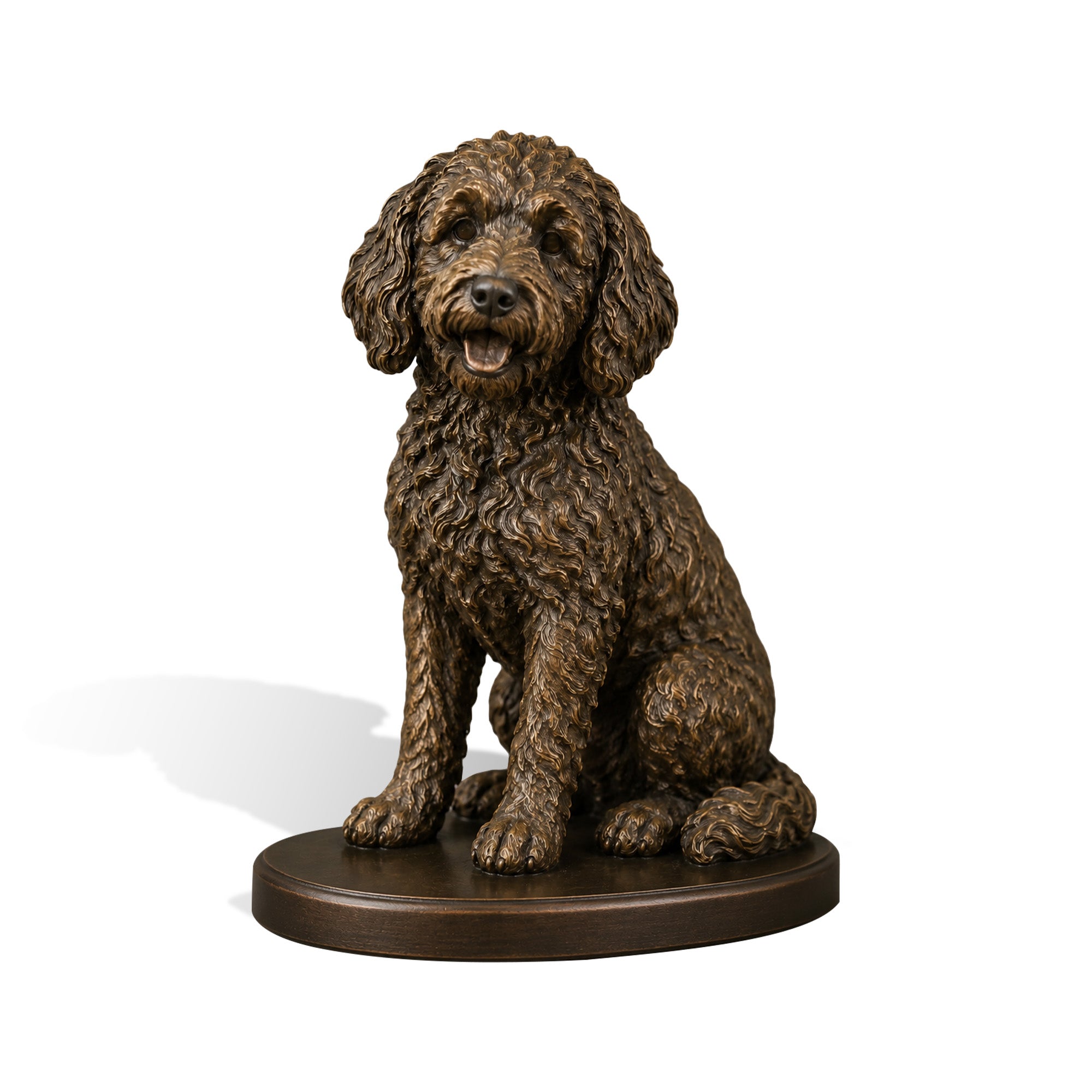Detailed bronze dog sculpture with curly textured fur, seated puppy statue on round base, handcrafted animal artwork for indoor or outdoor garden decoration
