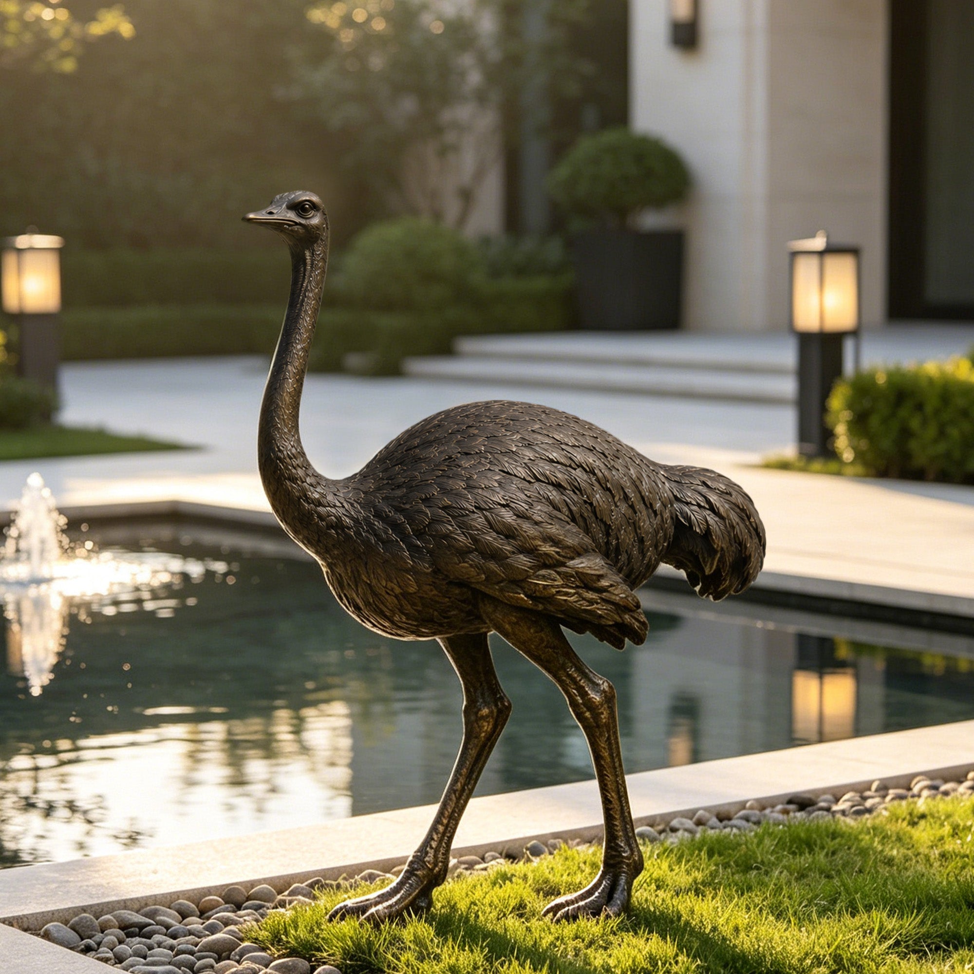 Elegant bronze ostrich sculpture beside a pool, showing realistic feather carving and artistic craftsmanship, perfect for luxury garden landscaping and outdoor decoration