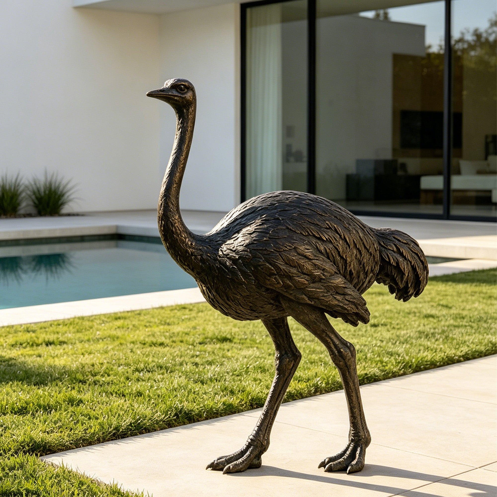 Realistic bronze ostrich sculpture with detailed feather texture, long neck and elegant standing pose, handcrafted animal statue for modern indoor and outdoor decor