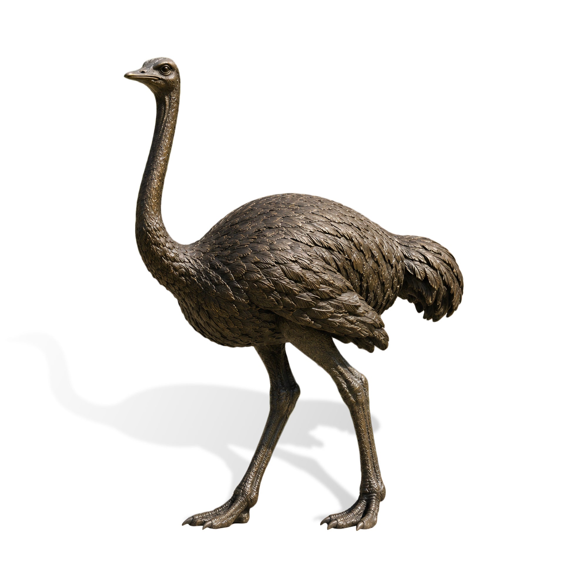 Bronze ostrich statue displayed in a modern garden setting, featuring intricate feather details, natural standing posture, and luxury outdoor animal sculpture design