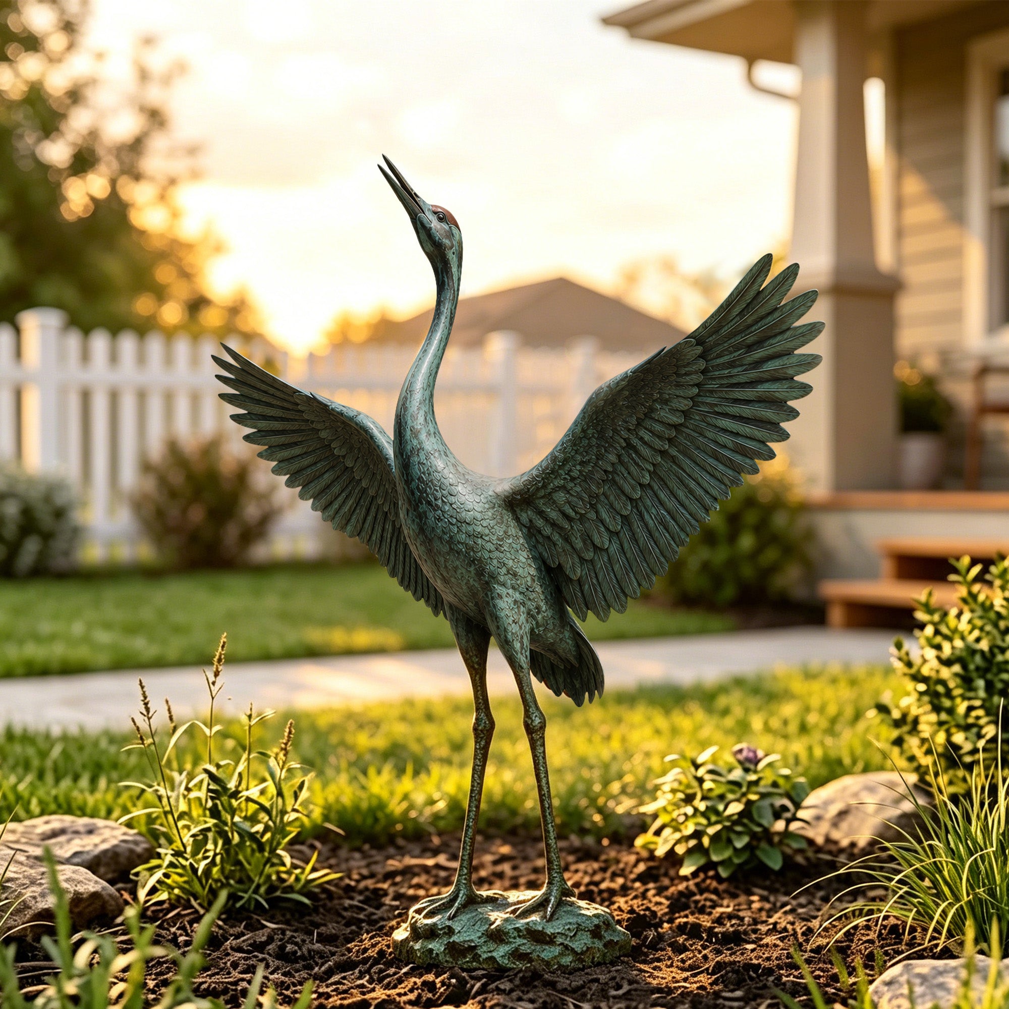 Detailed bronze crane sculpture with wide spread wings, long elegant neck and realistic feather texture, displayed as a luxury outdoor garden bird statue
