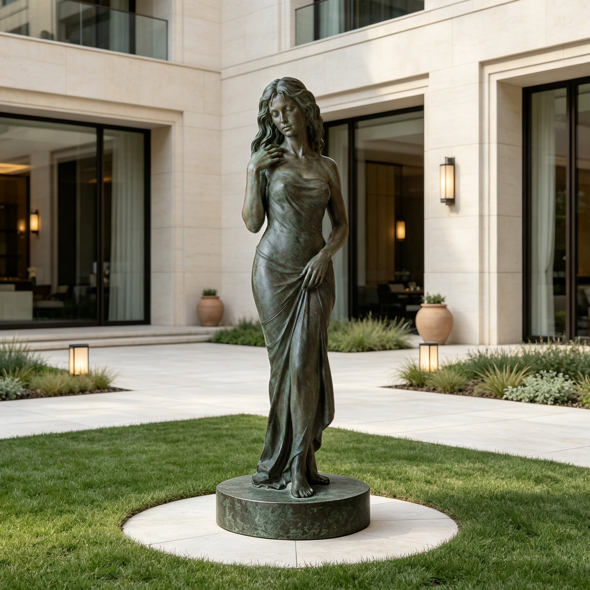 Bronze woman statue displayed in a modern garden courtyard, featuring detailed facial expression, flowing gown texture and artistic craftsmanship for landscape decoration